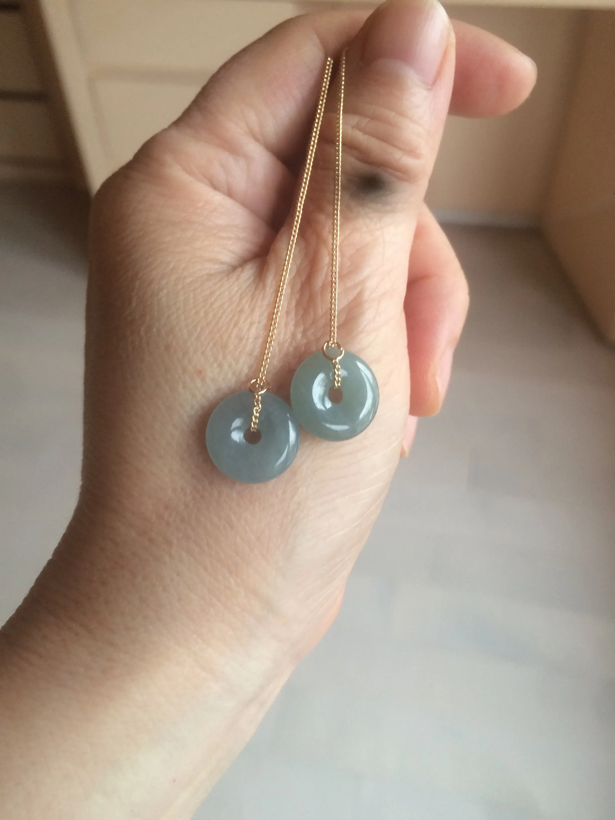 12.5mm 100% Natural blue gray green safe and sound donut button Guatemala jadeite Jade dangling earring AM76