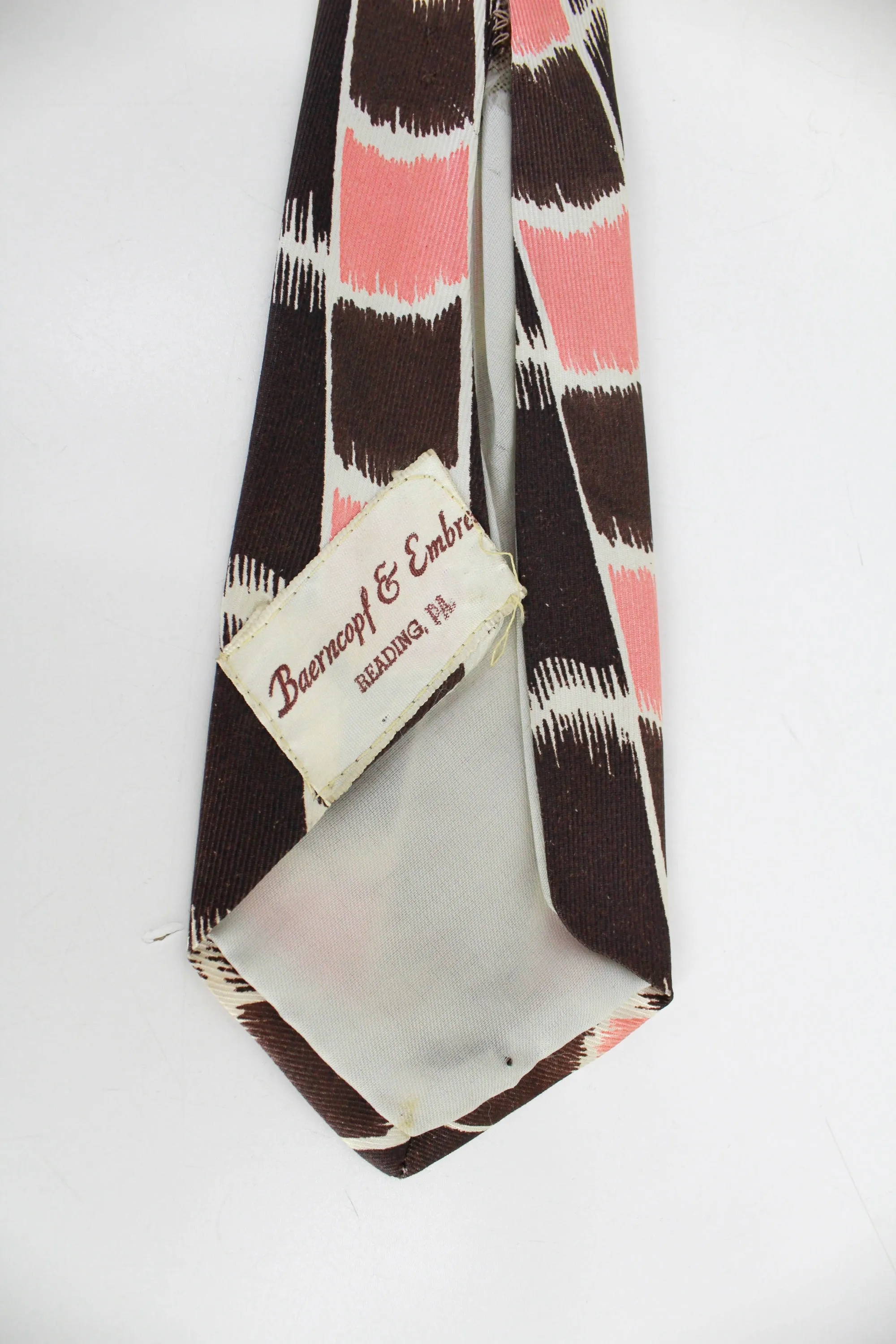 1940s Rayon Wide Necktie, Brown and Pink Abstract Print