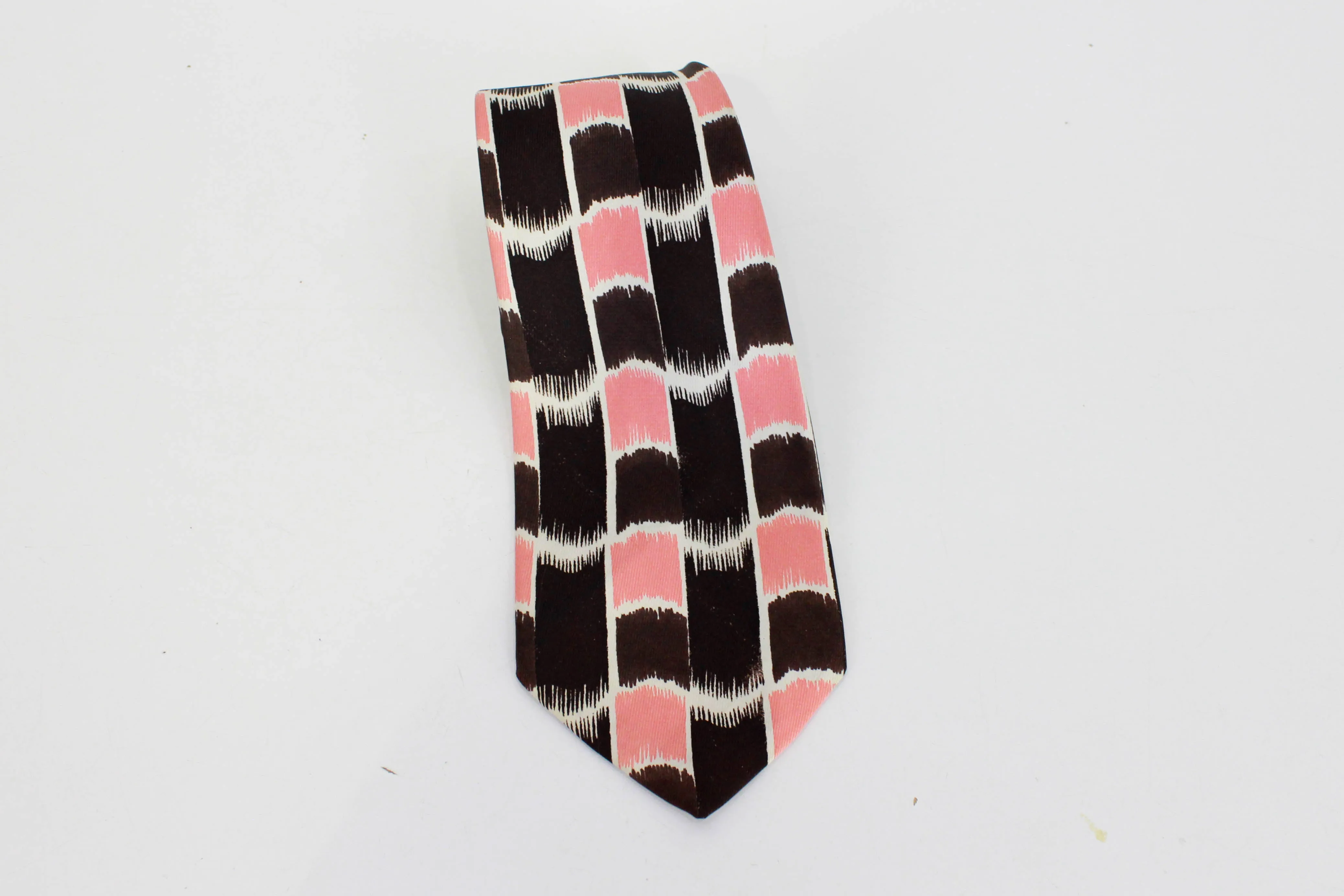 1940s Rayon Wide Necktie, Brown and Pink Abstract Print