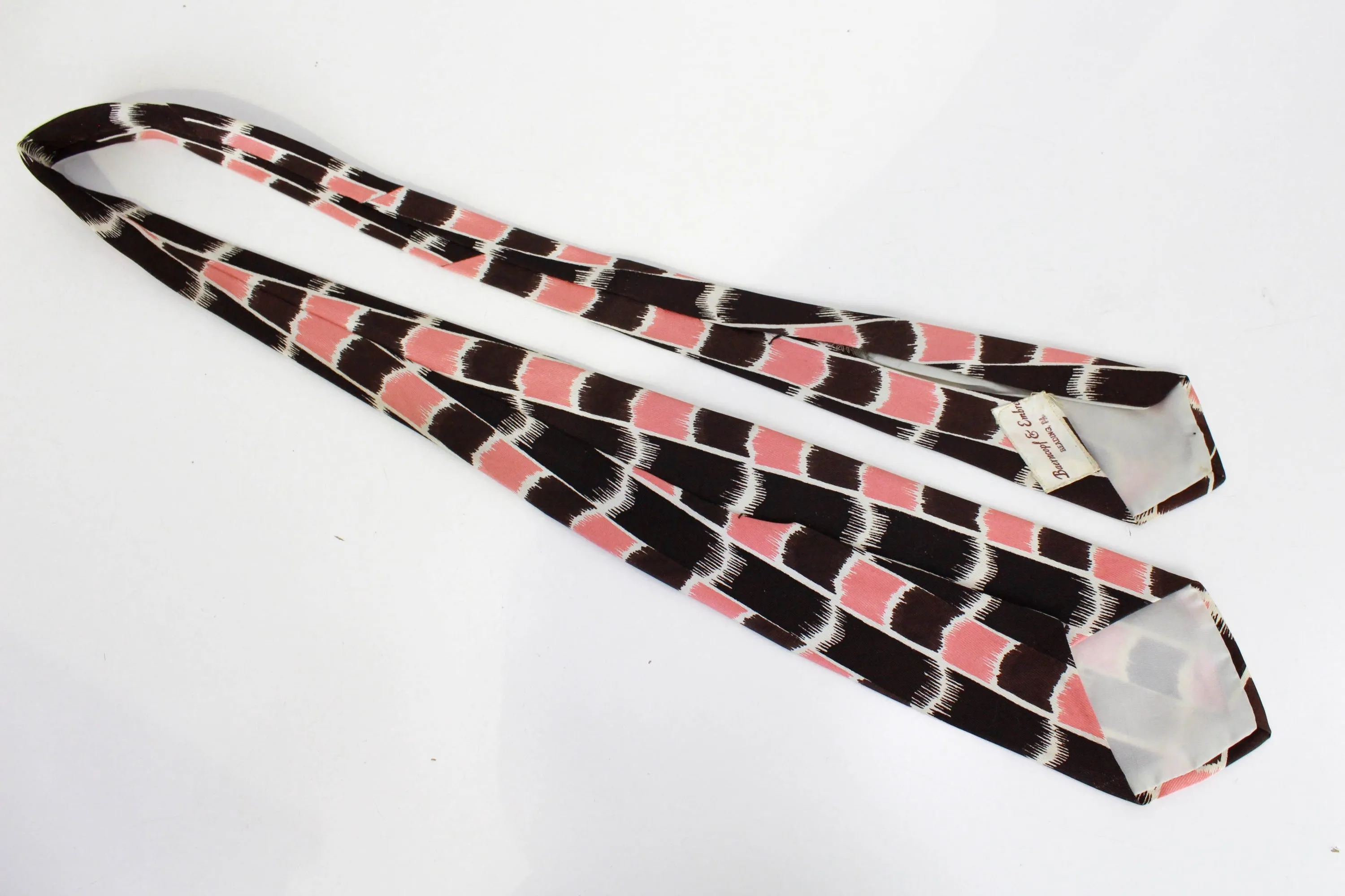 1940s Rayon Wide Necktie, Brown and Pink Abstract Print