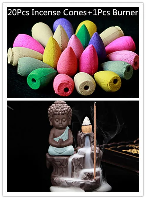 20Pc Incense Cones   Burner Creative Home Decor The Little Monk Small Buddha Censer Backflow Incense