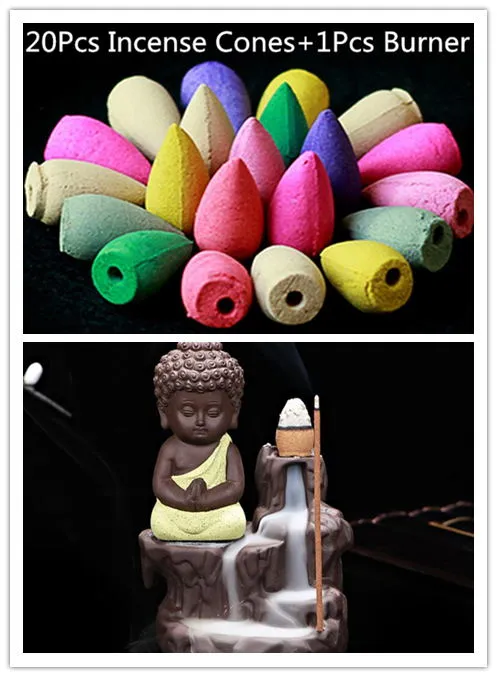 20Pc Incense Cones   Burner Creative Home Decor The Little Monk Small Buddha Censer Backflow Incense