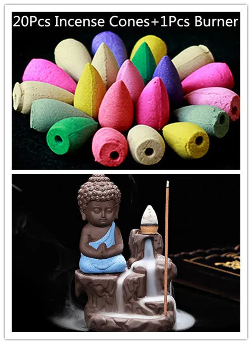 20Pc Incense Cones   Burner Creative Home Decor The Little Monk Small Buddha Censer Backflow Incense