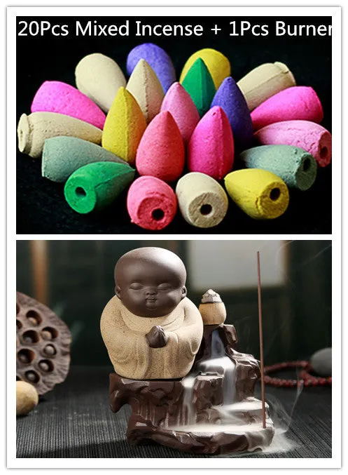 20Pc Incense Cones   Burner Creative Home Decor The Little Monk Small Buddha Censer Backflow Incense