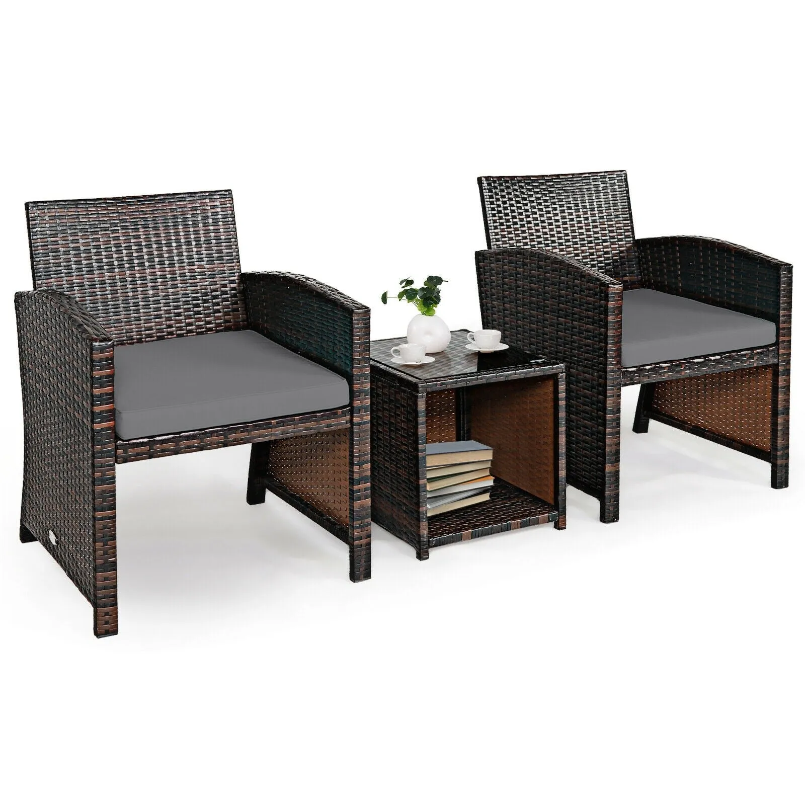 3pc Wicker Rattan Patio Furniture Set with Coffee Table - Gray