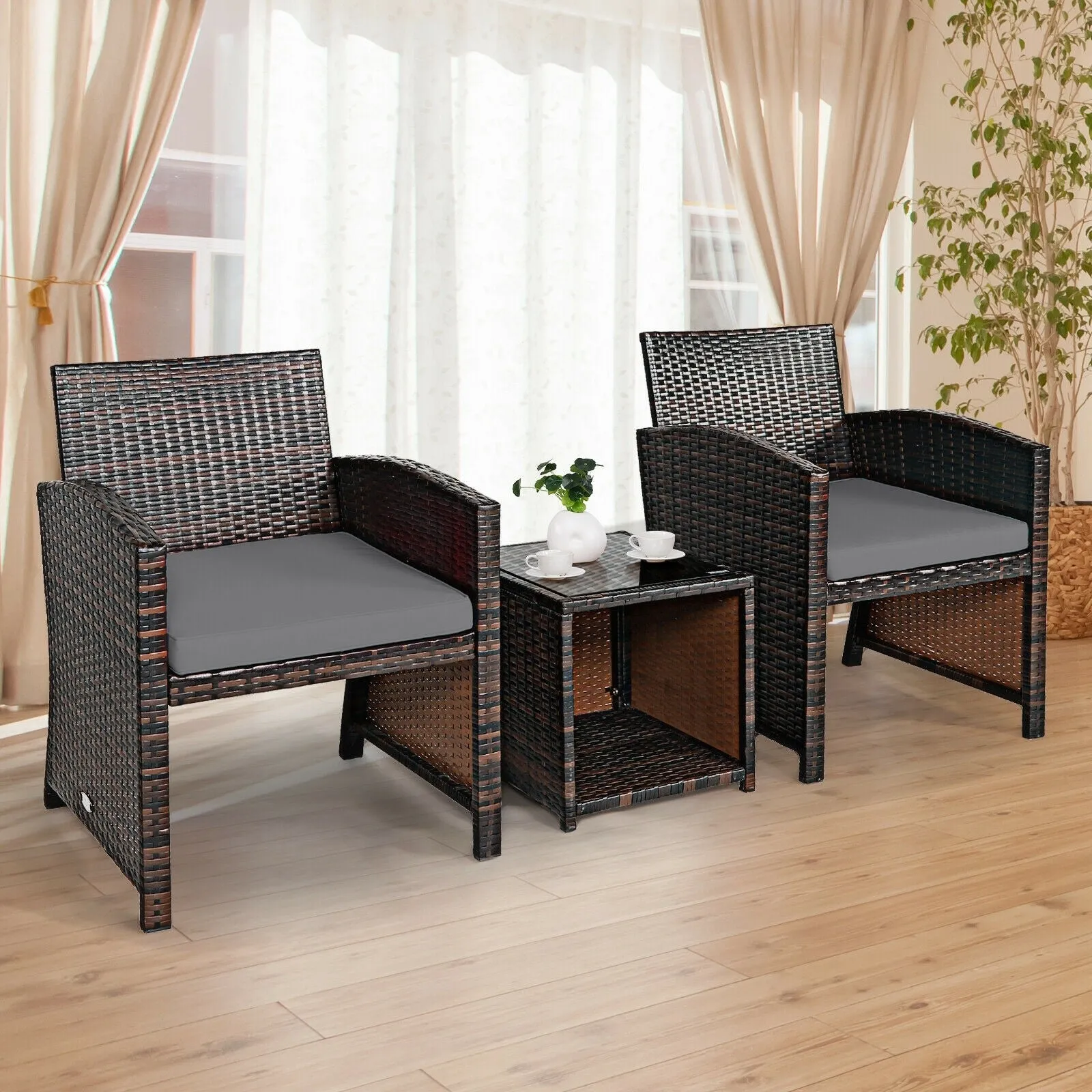 3pc Wicker Rattan Patio Furniture Set with Coffee Table - Gray