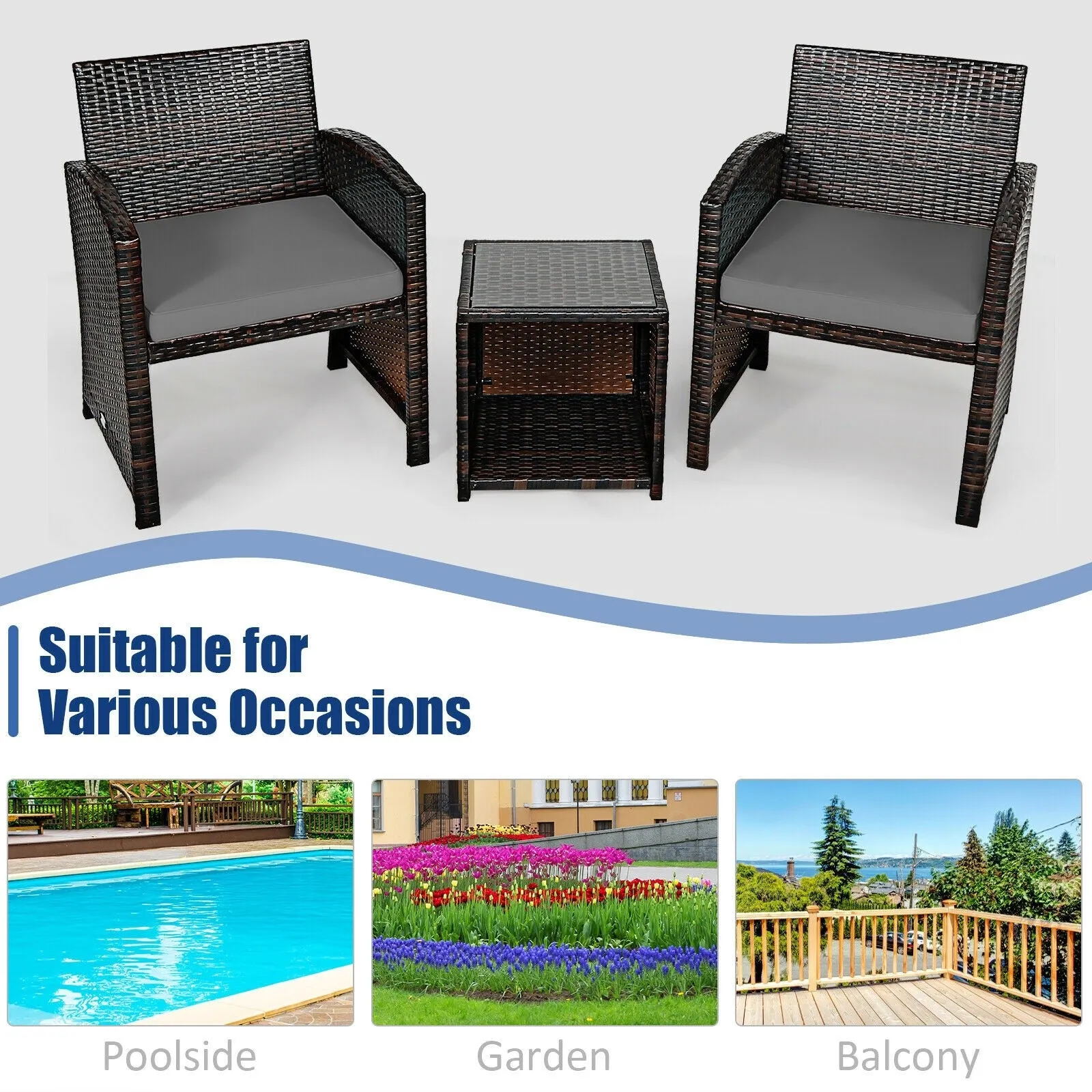 3pc Wicker Rattan Patio Furniture Set with Coffee Table - Gray