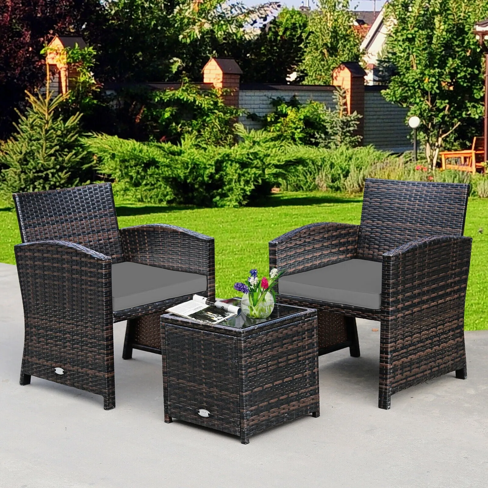 3pc Wicker Rattan Patio Furniture Set with Coffee Table - Gray