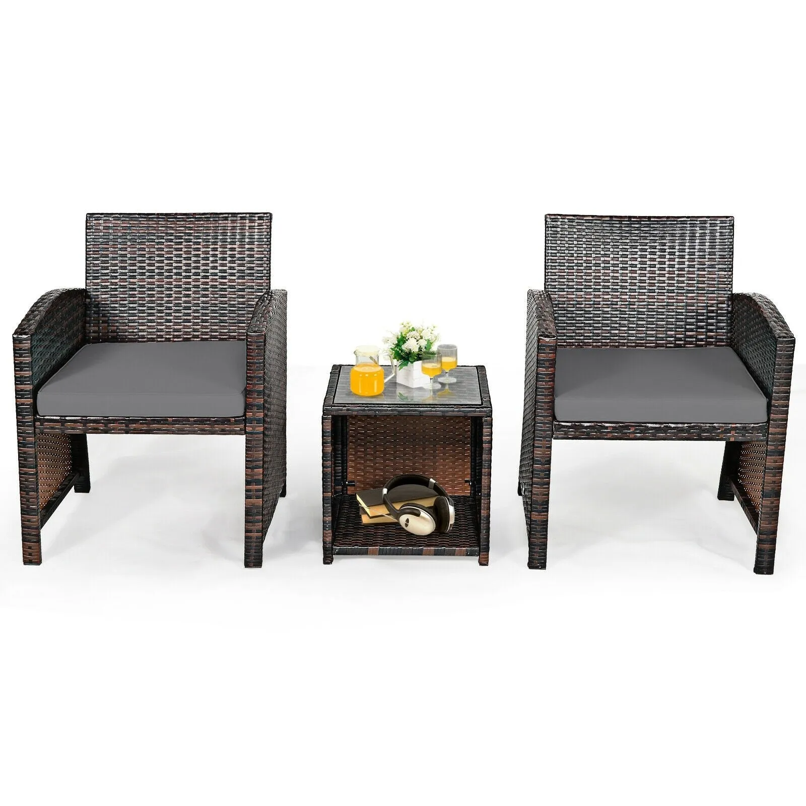 3pc Wicker Rattan Patio Furniture Set with Coffee Table - Gray