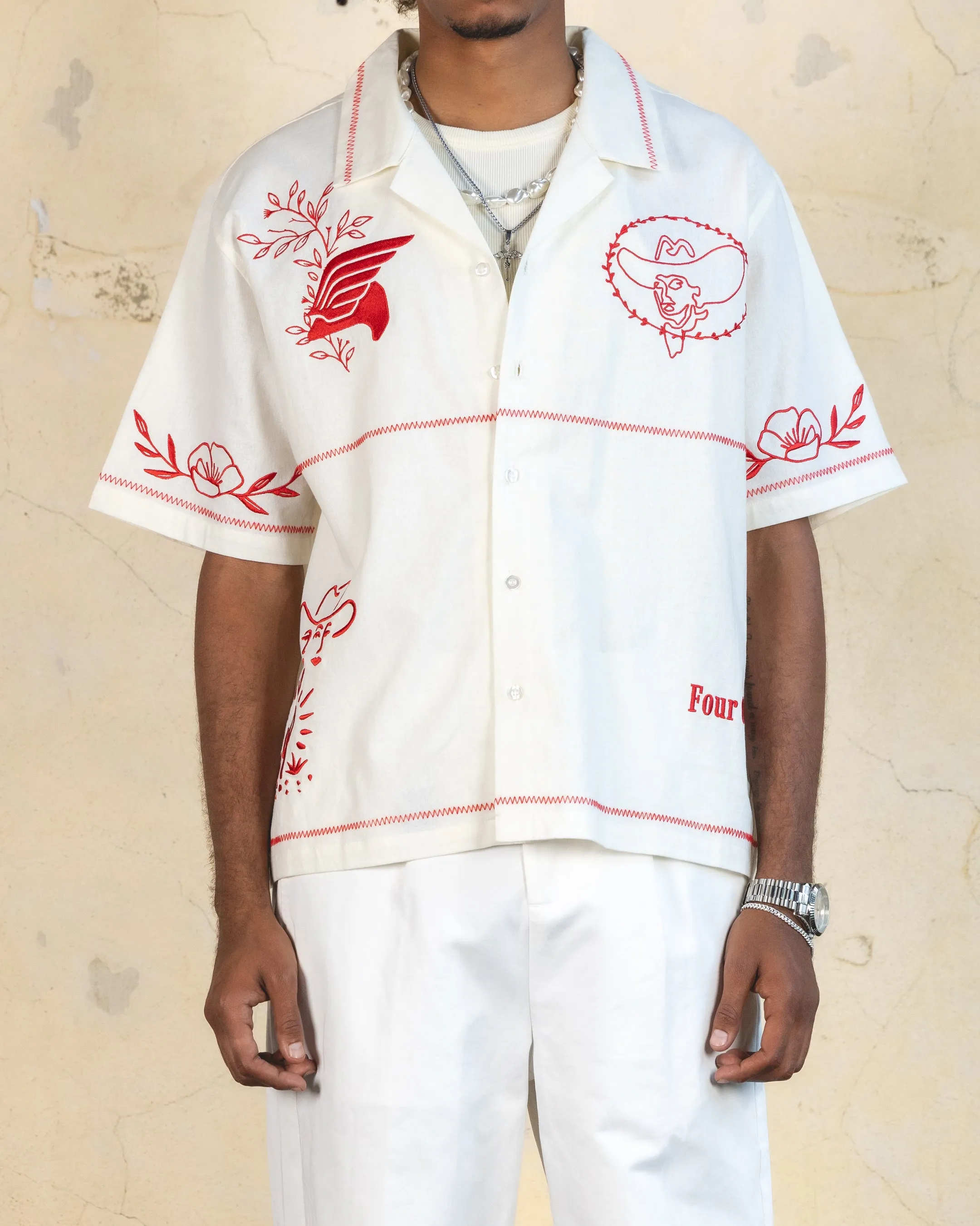 Embroidered Button-Up Shirt in Off White - Frontier 404