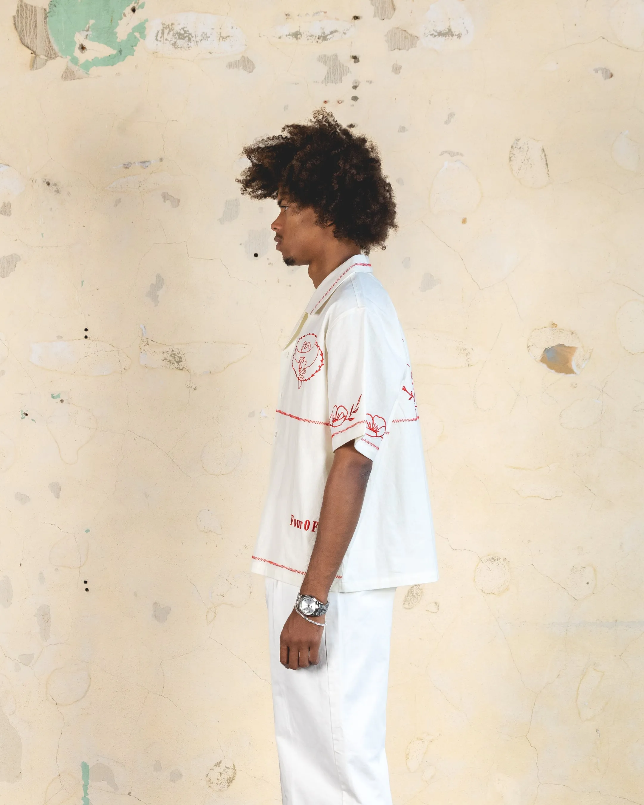 Embroidered Button-Up Shirt in Off White - Frontier 404