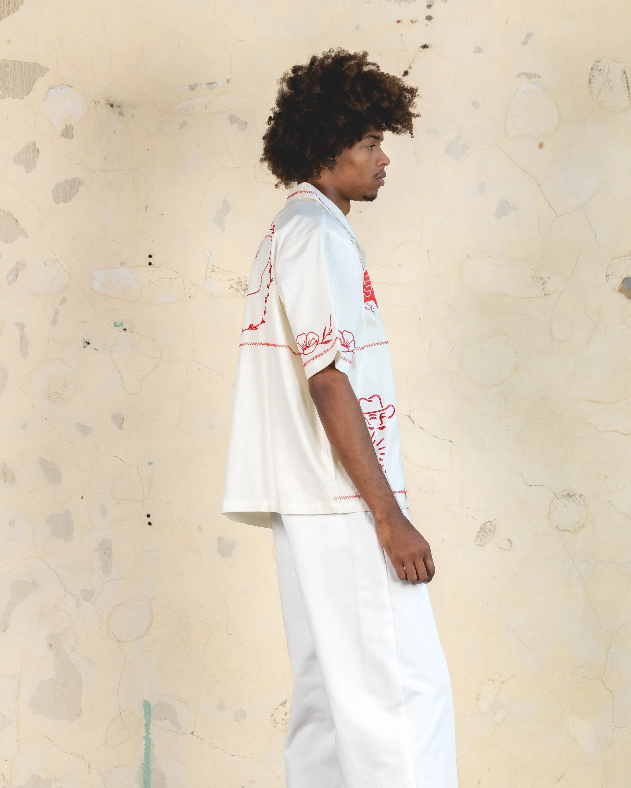 Embroidered Button-Up Shirt in Off White - Frontier 404