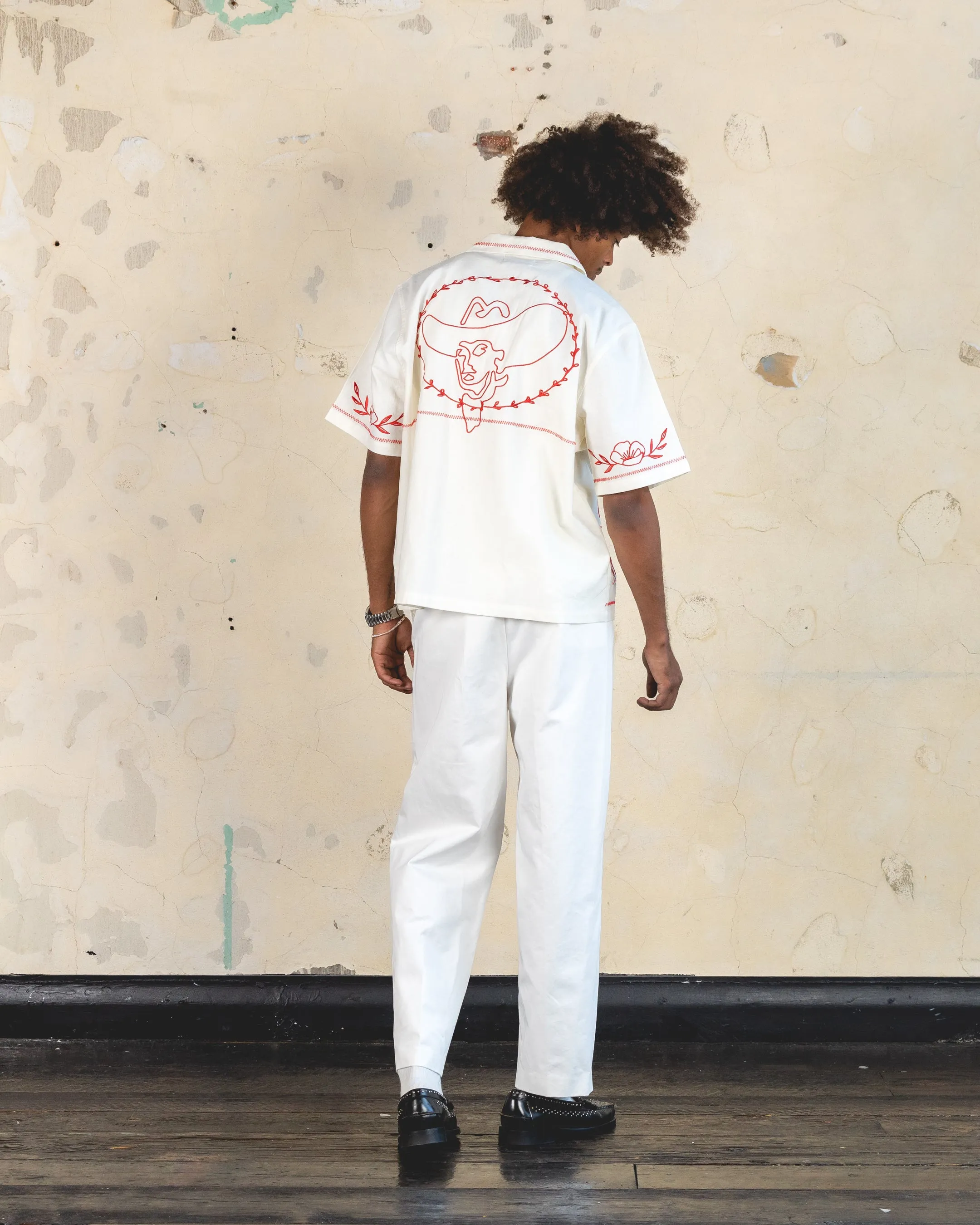 Embroidered Button-Up Shirt in Off White - Frontier 404