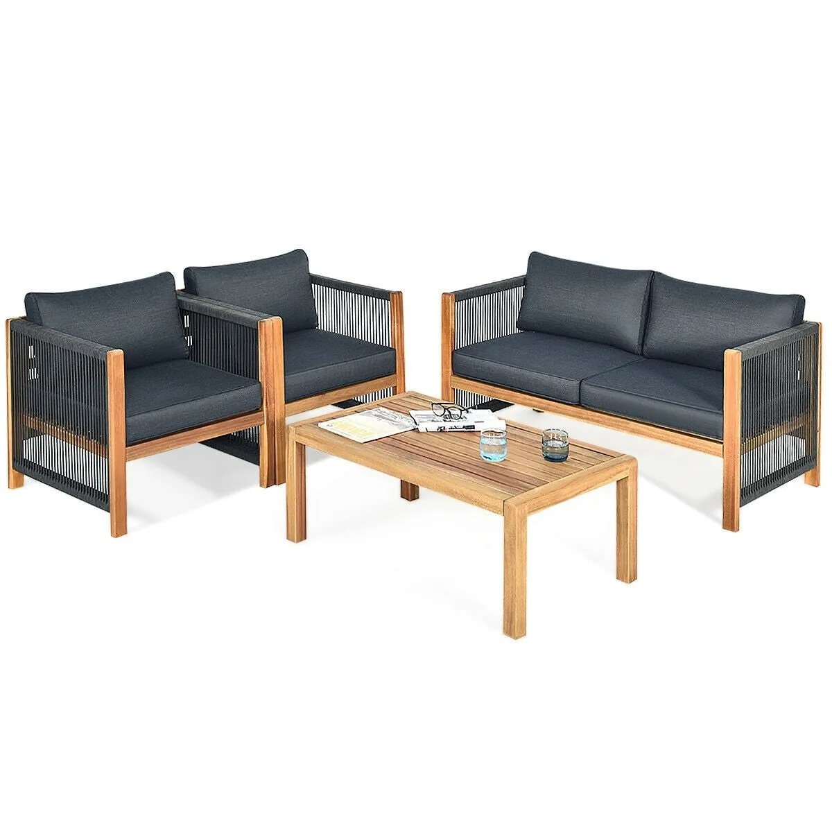 4pc Acacia Wood Outdoor Patio Furniture Set with Cushions - Gray