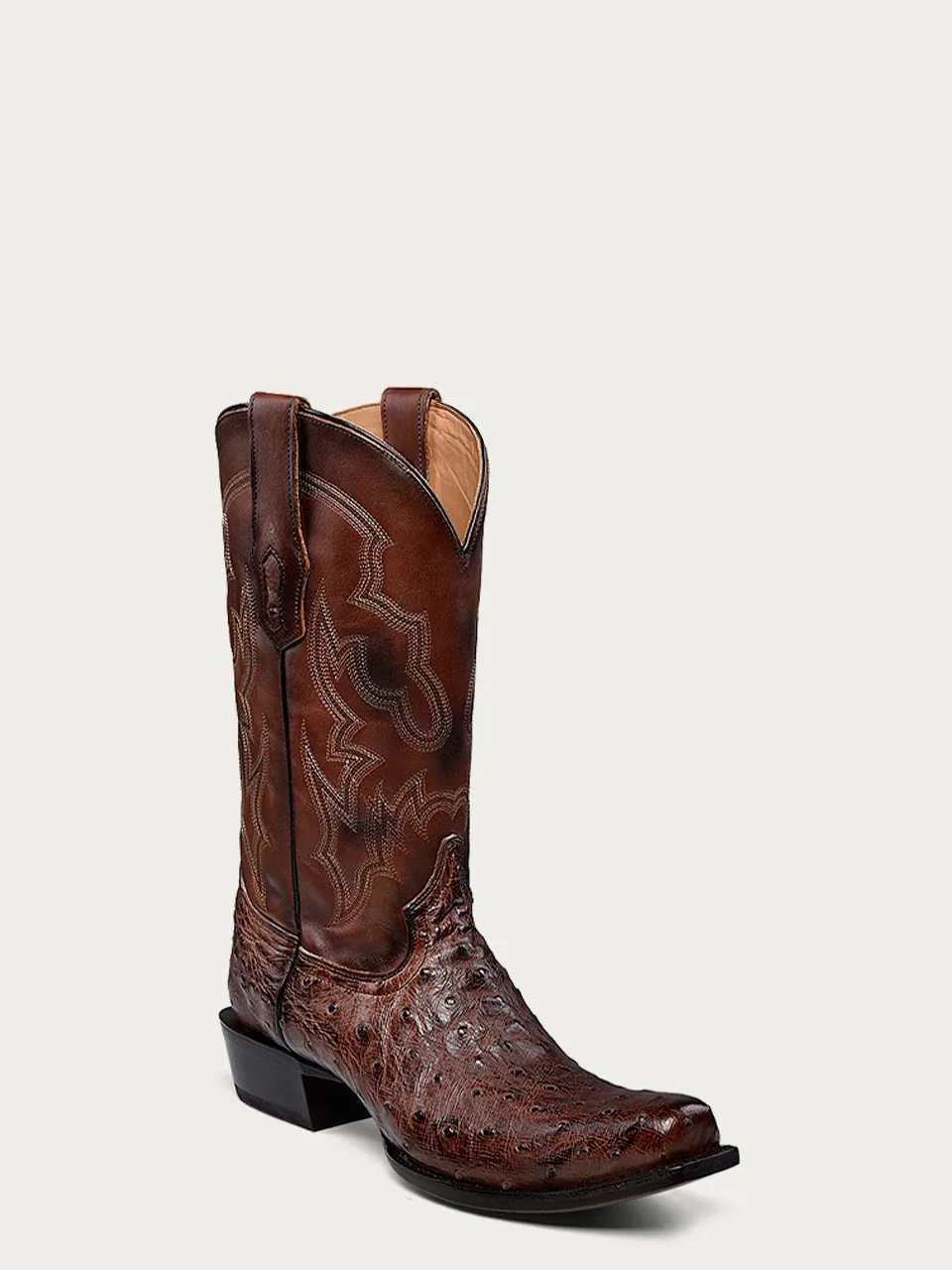 A4548 - MEN'S EMBROIDERY AND  OSTRICH BROWN NARROW SQUARE TOE COWBOY BOOT