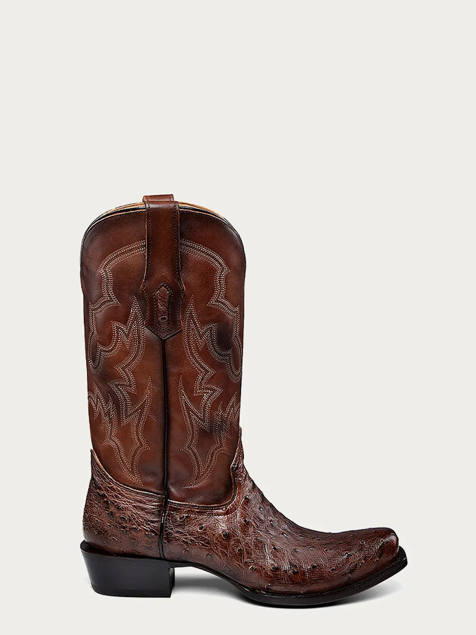 A4548 - MEN'S EMBROIDERY AND  OSTRICH BROWN NARROW SQUARE TOE COWBOY BOOT