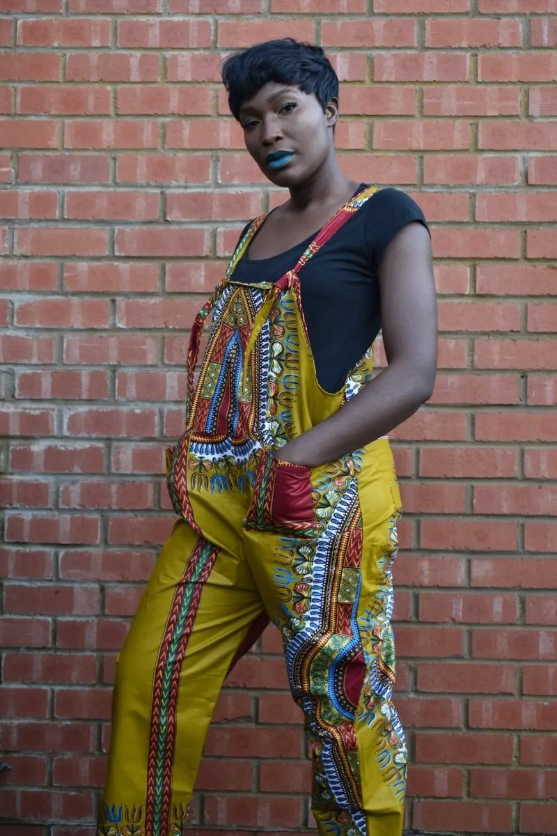 African Dungarees in Brown Dashiki Print - Festival Dungarees