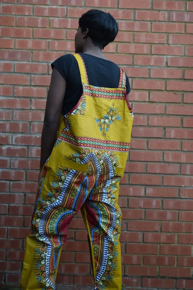 African Dungarees in Brown Dashiki Print - Festival Dungarees