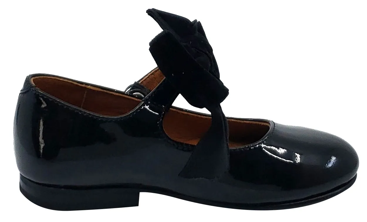 Atlanta Mocassin Girl's Snap Closure Velvet Bow Mary Jane, Black Patent