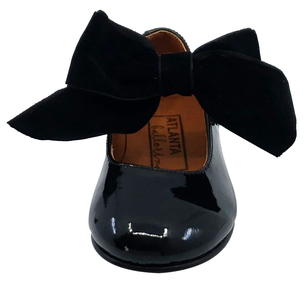 Atlanta Mocassin Girl's Snap Closure Velvet Bow Mary Jane, Black Patent