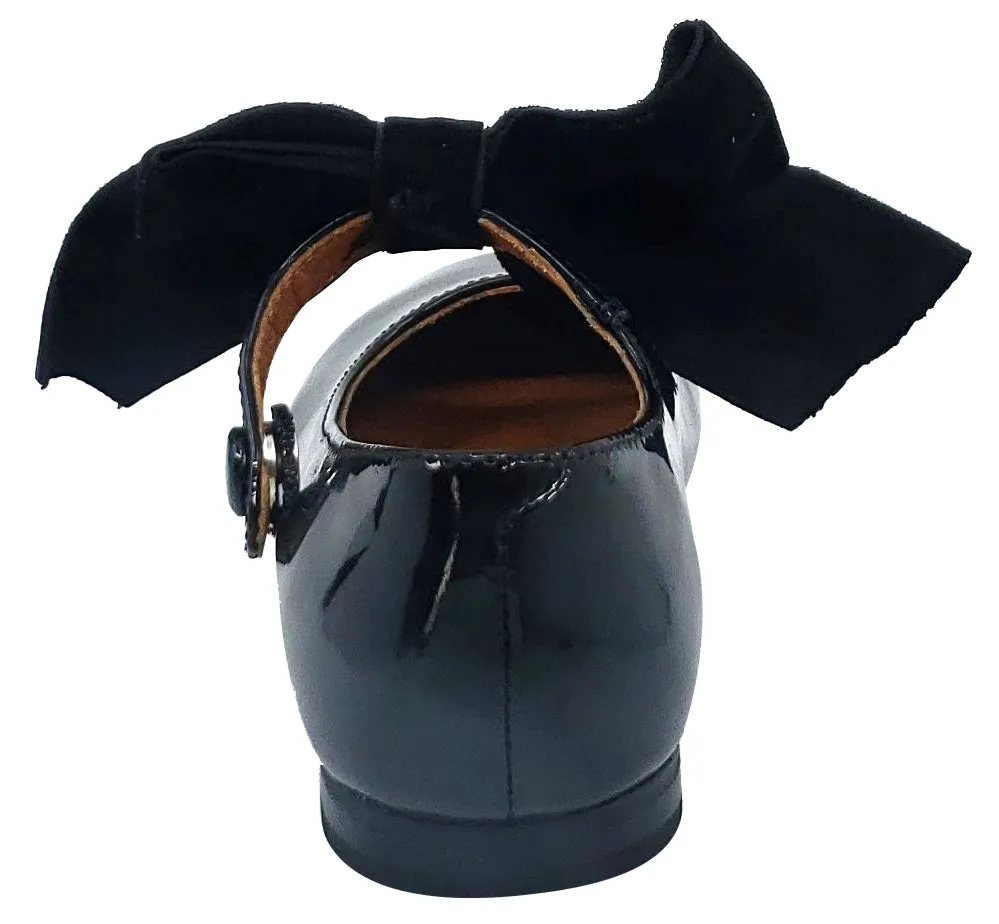 Atlanta Mocassin Girl's Snap Closure Velvet Bow Mary Jane, Black Patent