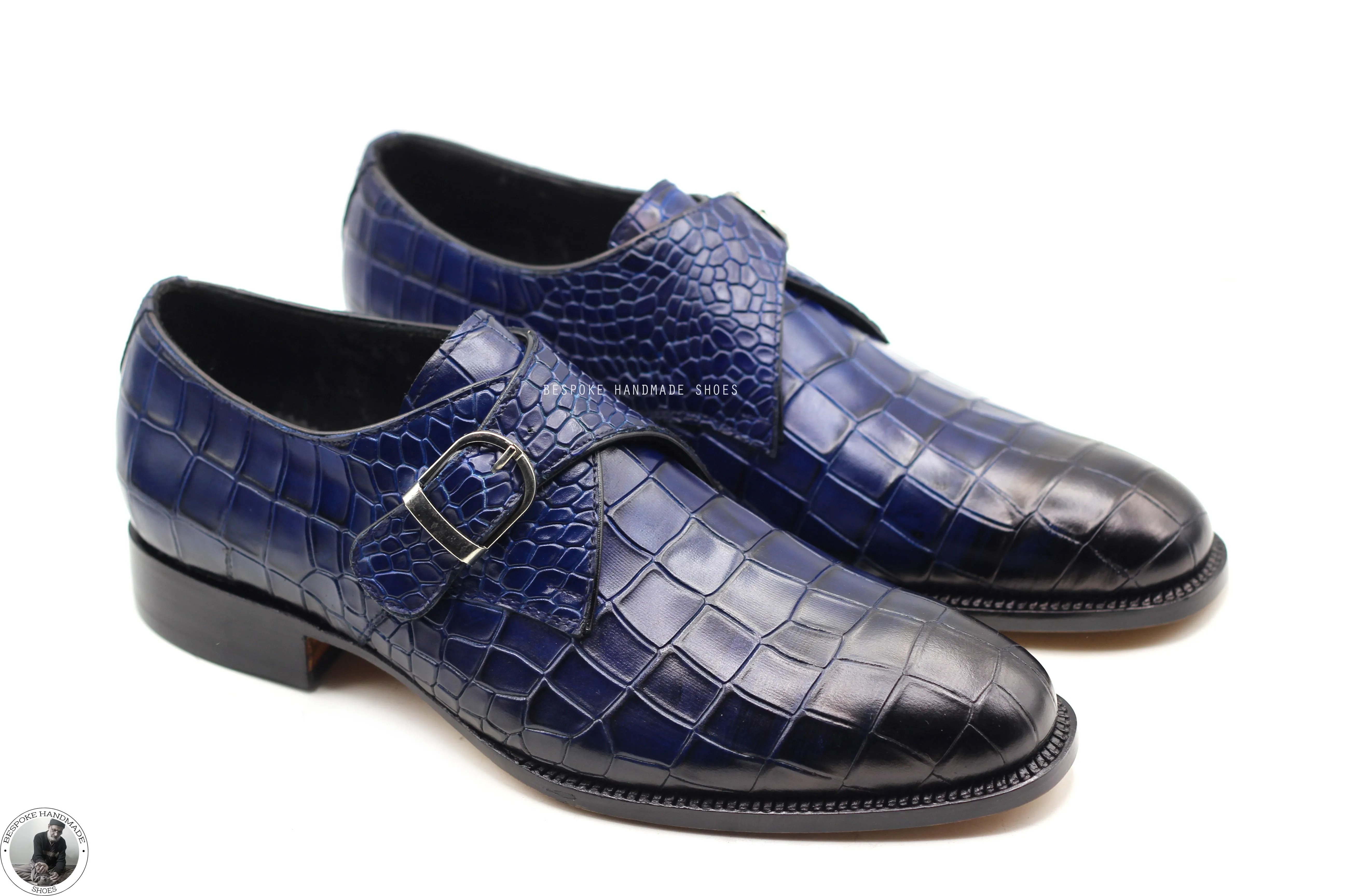 Bespoke Men's Handmade Blue Leather, Black Shaded Single Monk Strap Slip On Party Shoes For Men's