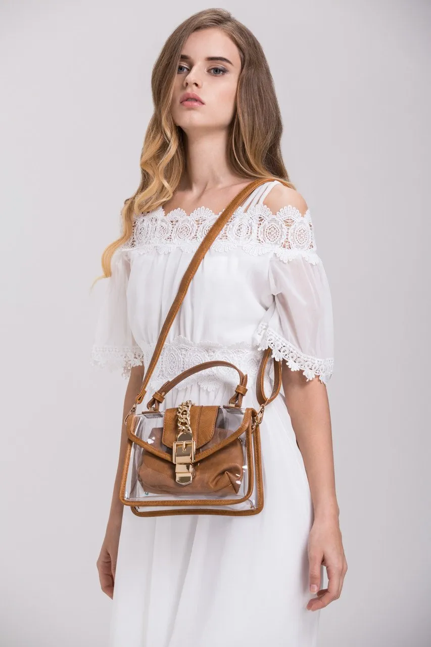 Brown Trim Chain Transparent Handbag