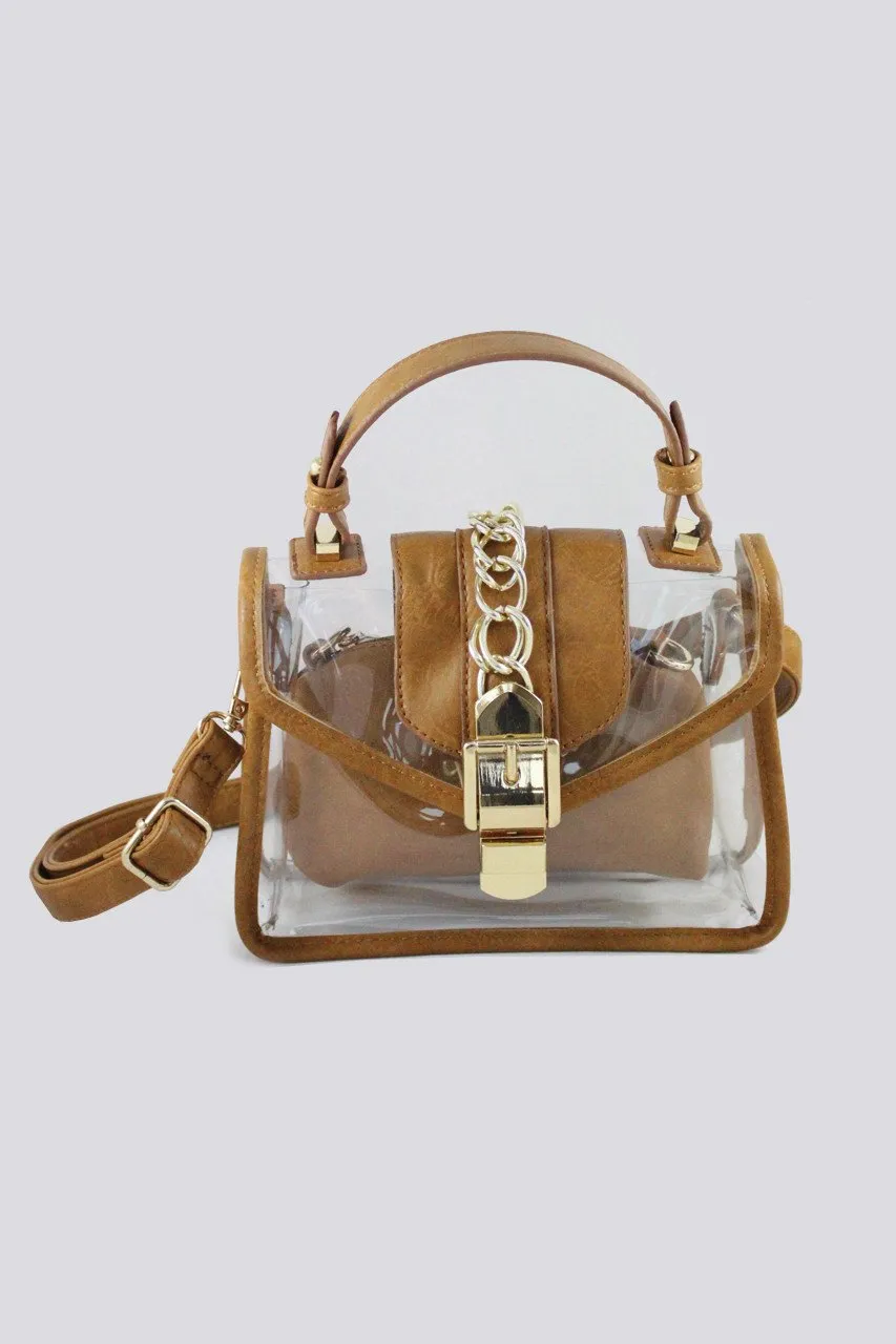 Brown Trim Chain Transparent Handbag