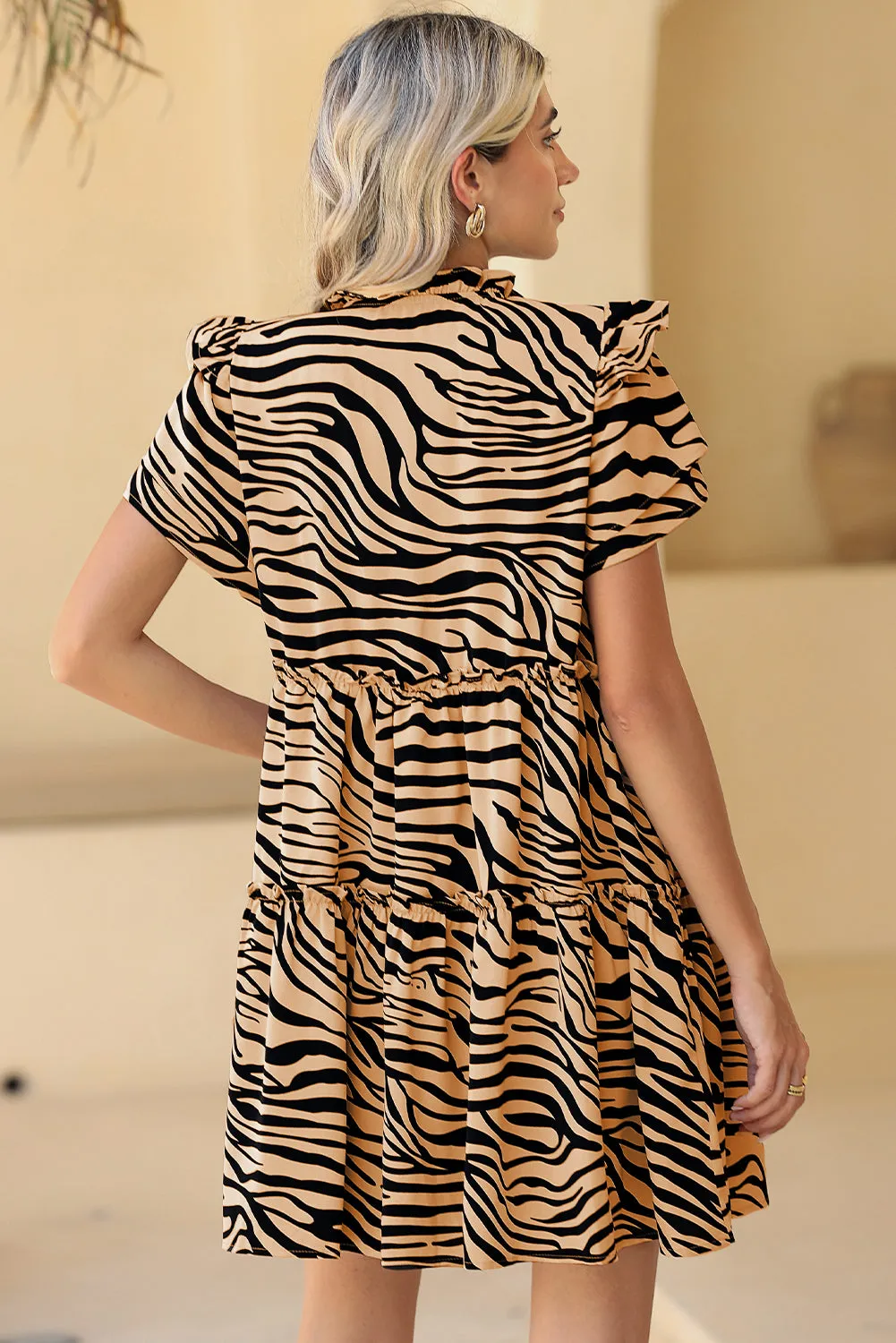 Brown Zebra Stripe Print V Neck Ruffle Tiered Mini Dress