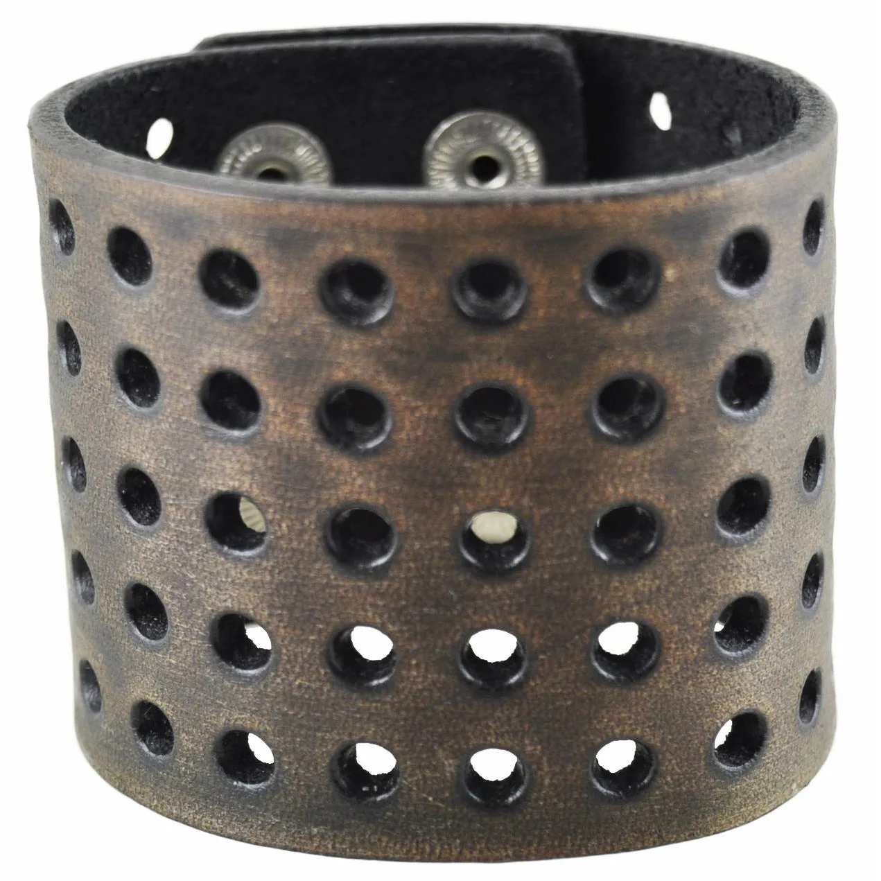 Brushed Dark Brown Wide Perforated Leather Bracelet Cuff Band 505B