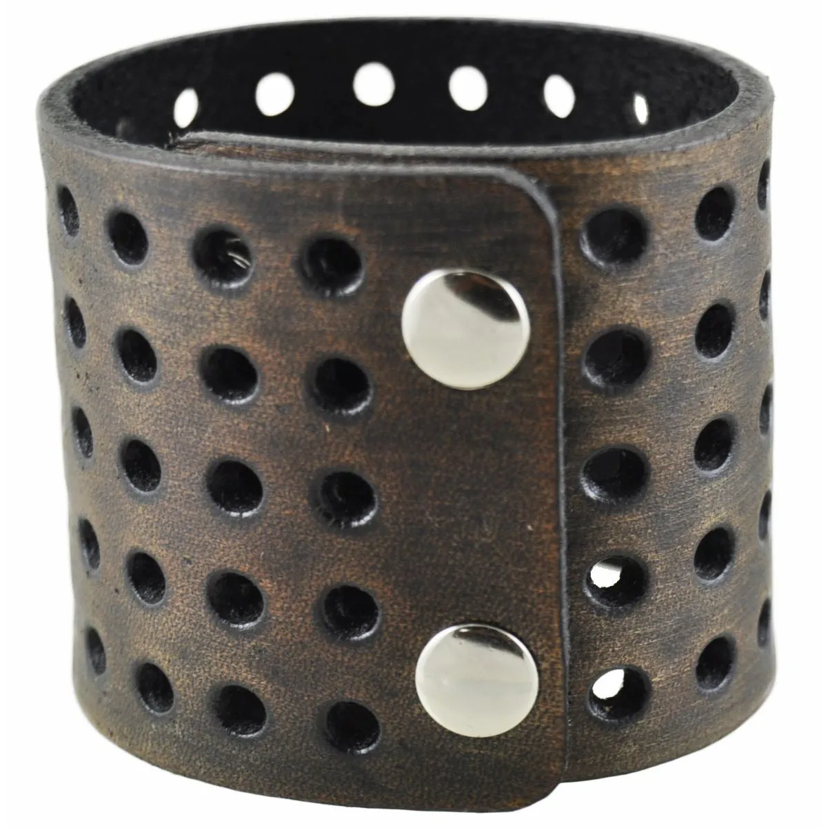 Brushed Dark Brown Wide Perforated Leather Bracelet Cuff Band 505B