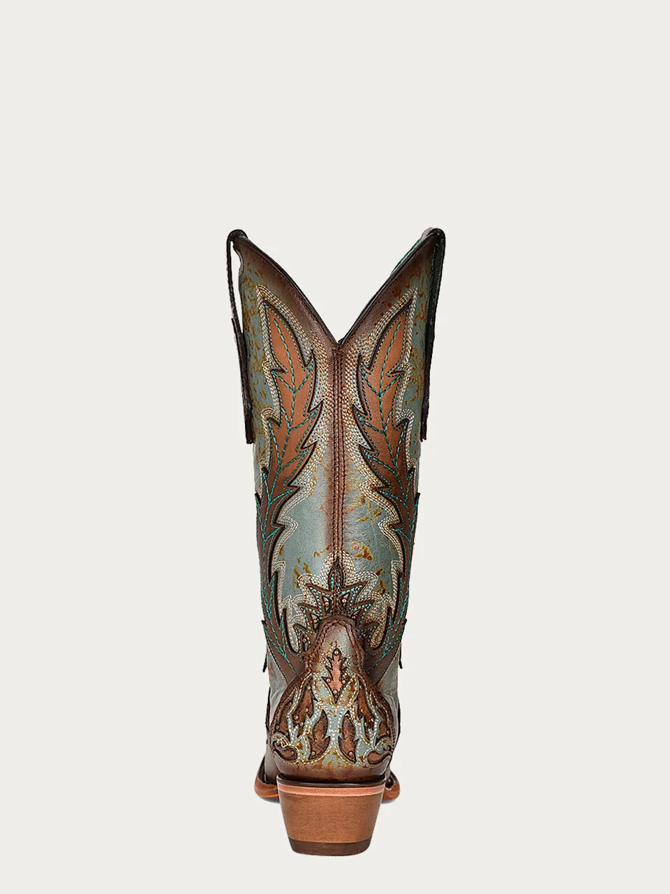 C3976 - WOMEN'S TURQUOISE EMBROIDERY BROWN OVERLAY AND STUDS SNIP TOE COWBOY BOOT