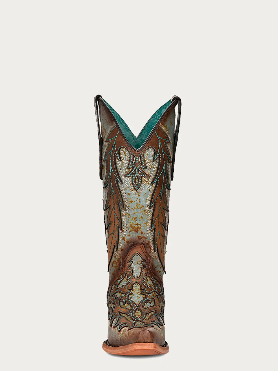 C3976 - WOMEN'S TURQUOISE EMBROIDERY BROWN OVERLAY AND STUDS SNIP TOE COWBOY BOOT