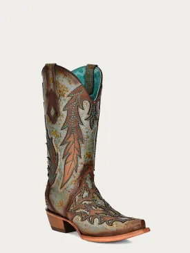 C3976 - WOMEN'S TURQUOISE EMBROIDERY BROWN OVERLAY AND STUDS SNIP TOE COWBOY BOOT