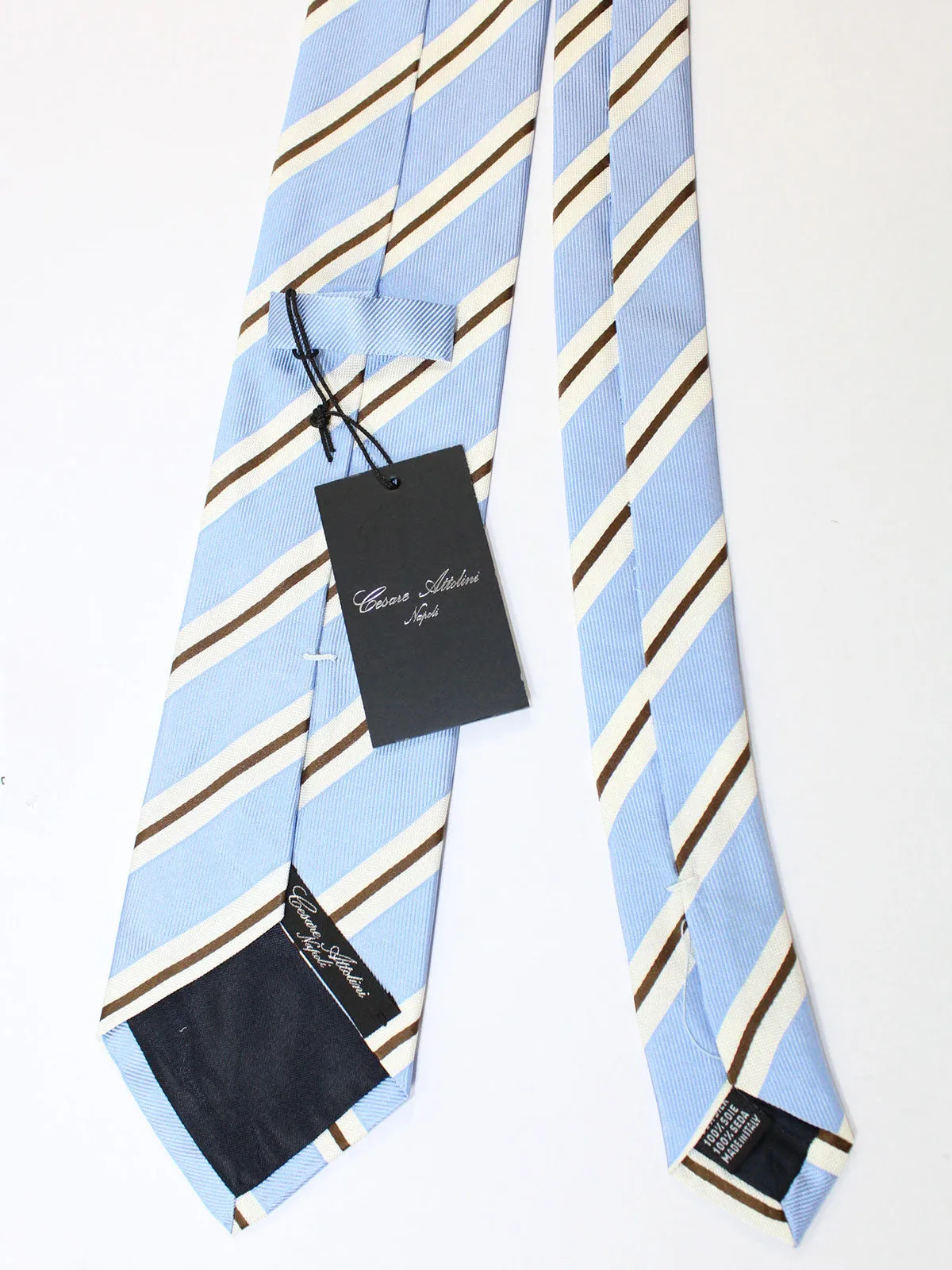 Cesare Attolini Tie Sky Blue Silver Brown Stripes SALE