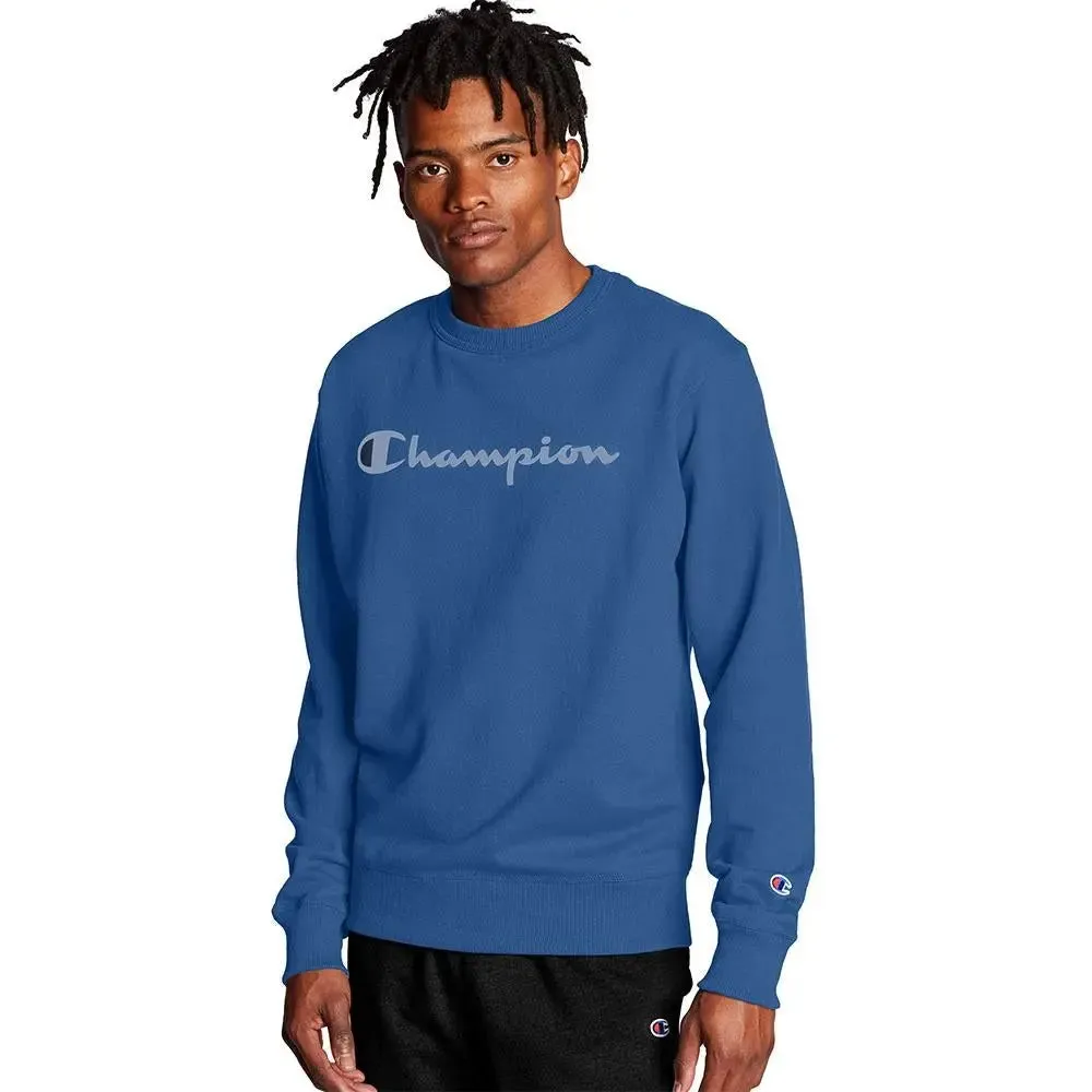 Champion Powerblend Crew Script Logo Shield Blue