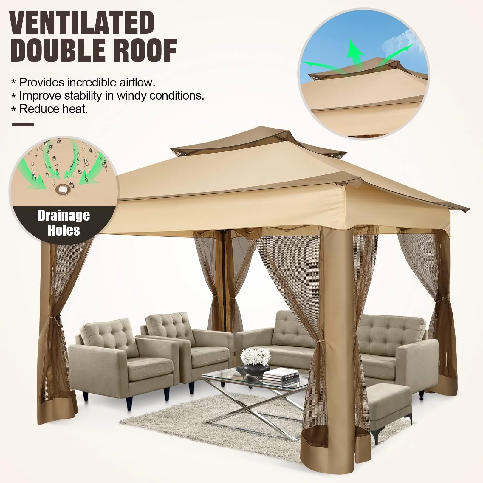 COBIZI Double Top Gazebo Waterproof Canopy 10'x10' with Gauze Sidewall