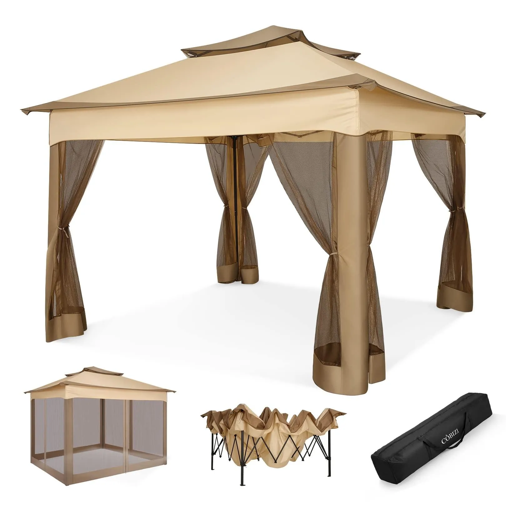 COBIZI Double Top Gazebo Waterproof Canopy 10'x10' with Gauze Sidewall