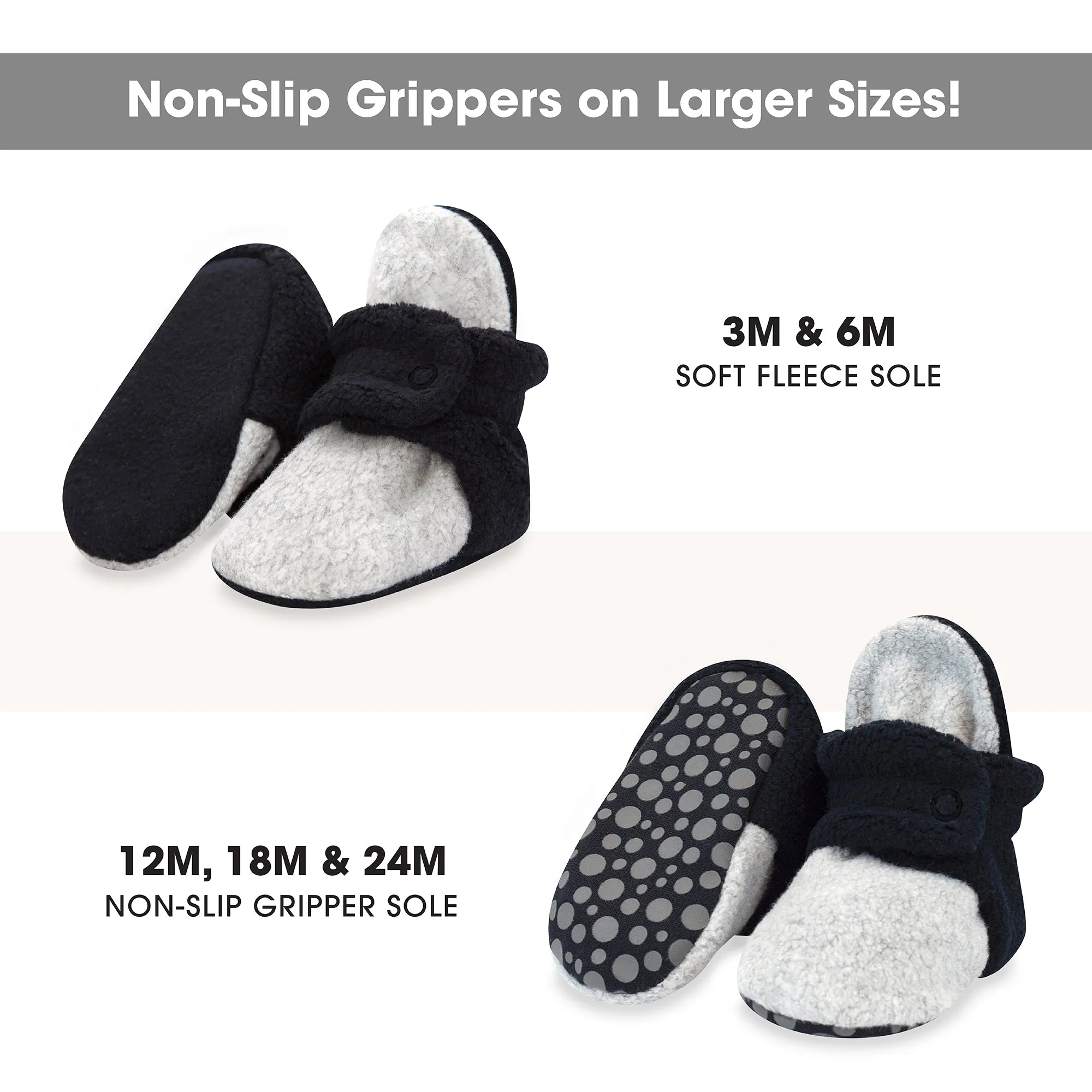 Double Cozie Fleece Gripper Baby Bootie - Black/Heather Gray