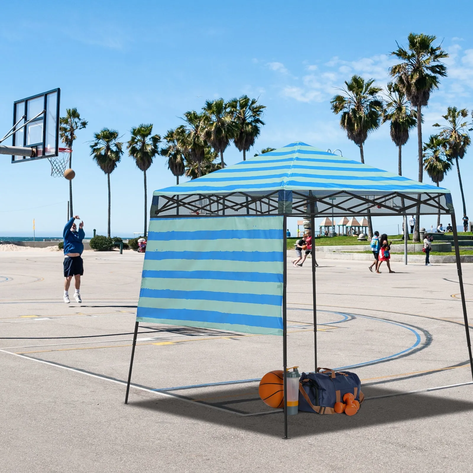 Eagle Peak SHADE GRAPHiX Day 8x8 Tripper Pop Up Canopy Tent with Digital Printed Green Blue Stripe Top