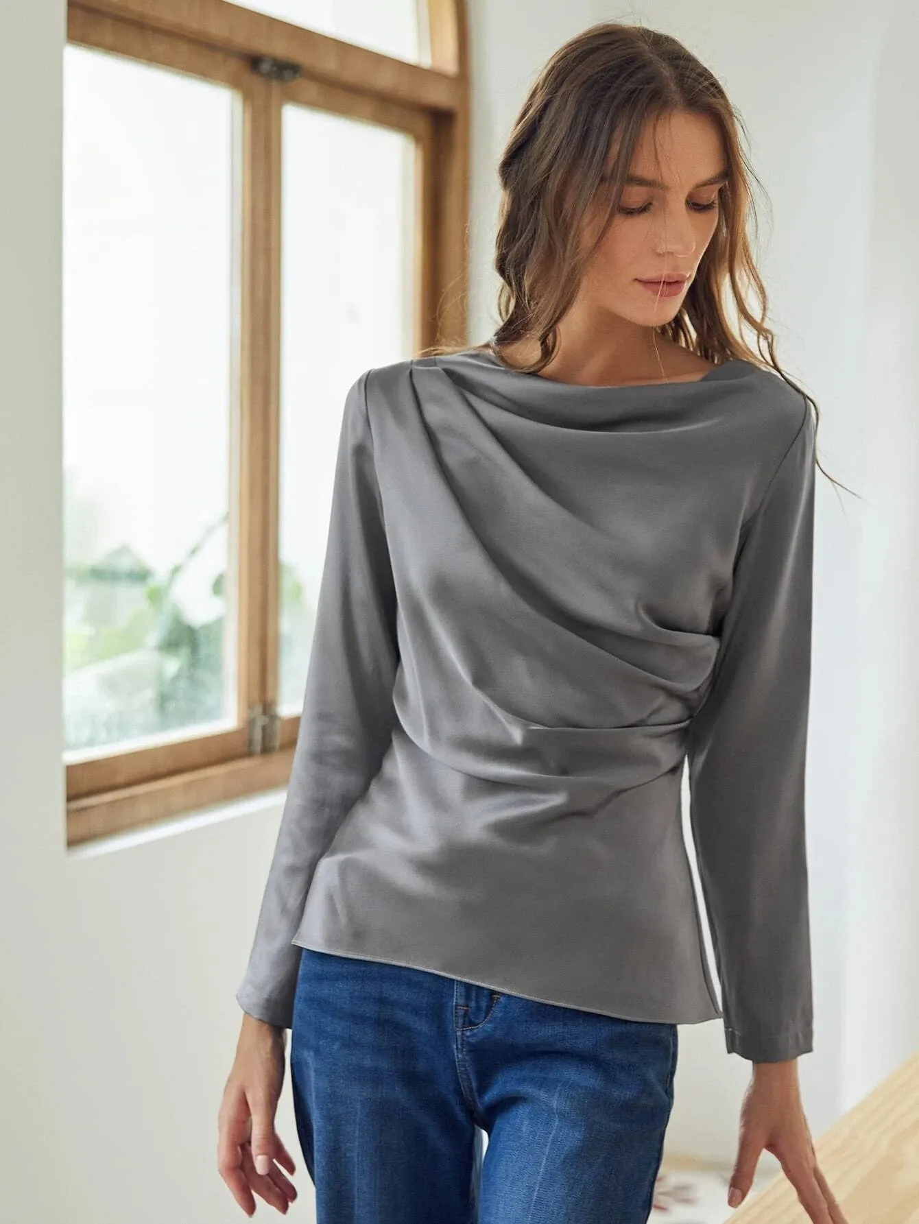 Elegant 100% Silk Round Neck Long Sleeve Draped Top Silk Shirt