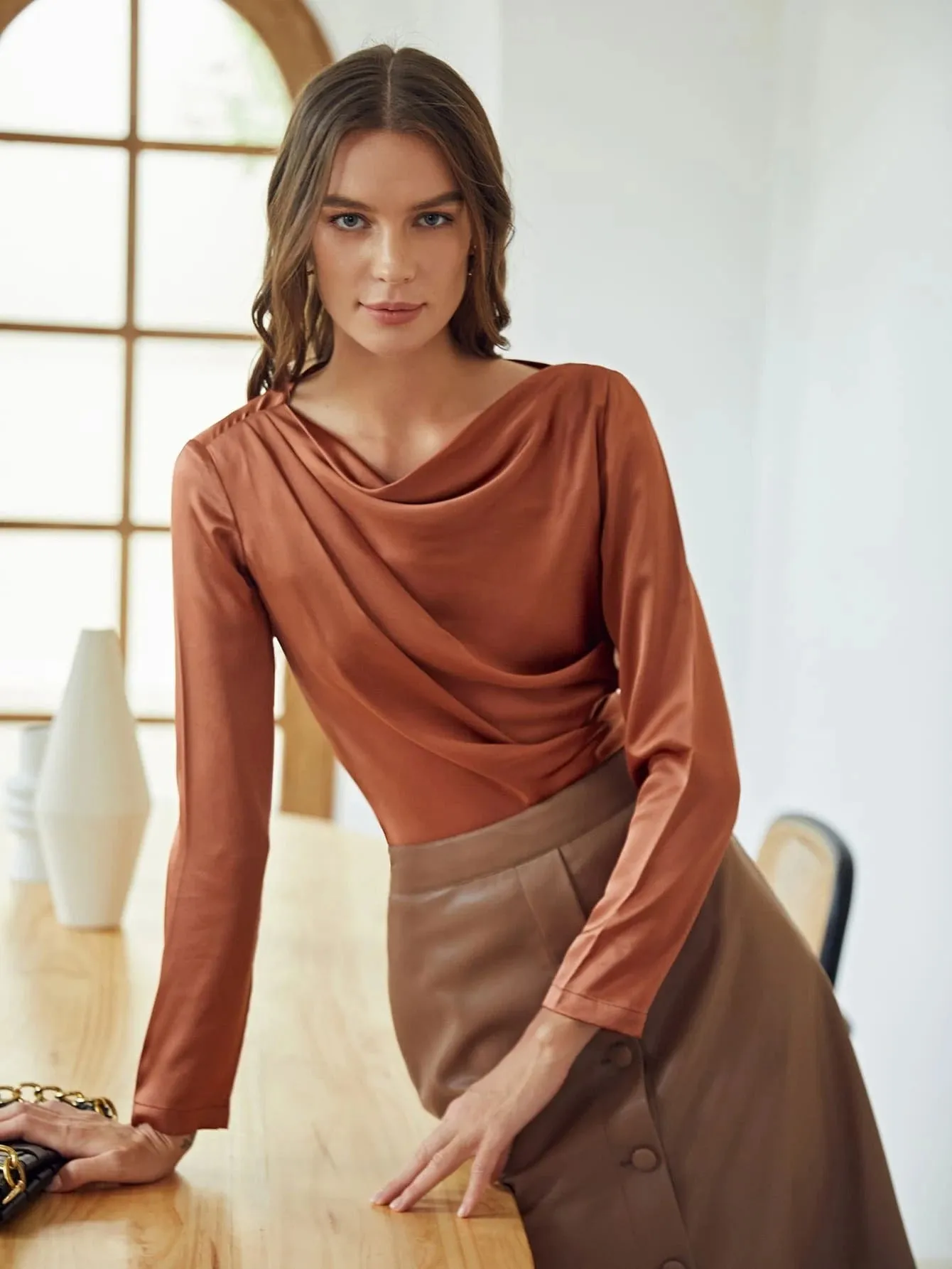 Elegant 100% Silk Round Neck Long Sleeve Draped Top Silk Shirt