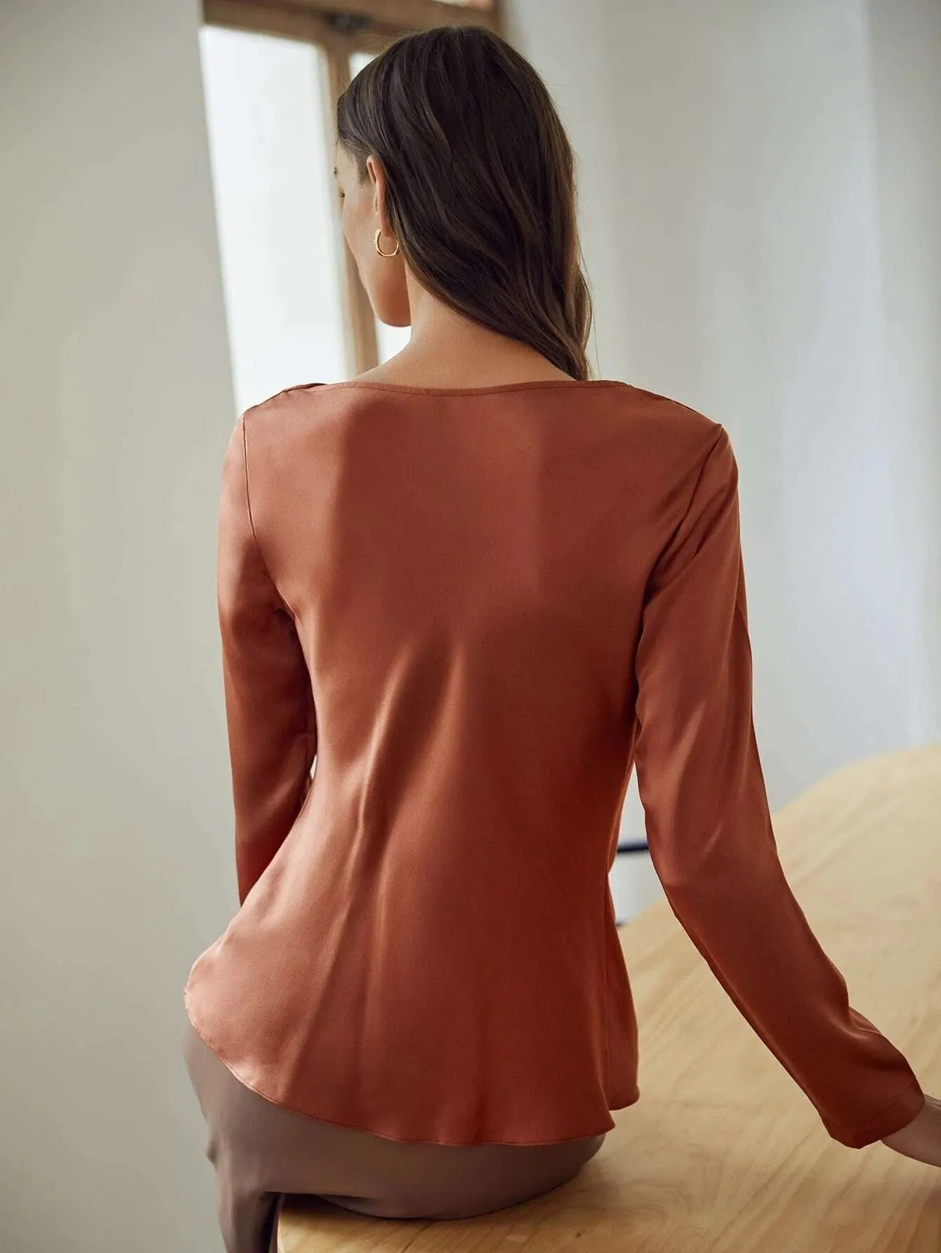 Elegant 100% Silk Round Neck Long Sleeve Draped Top Silk Shirt