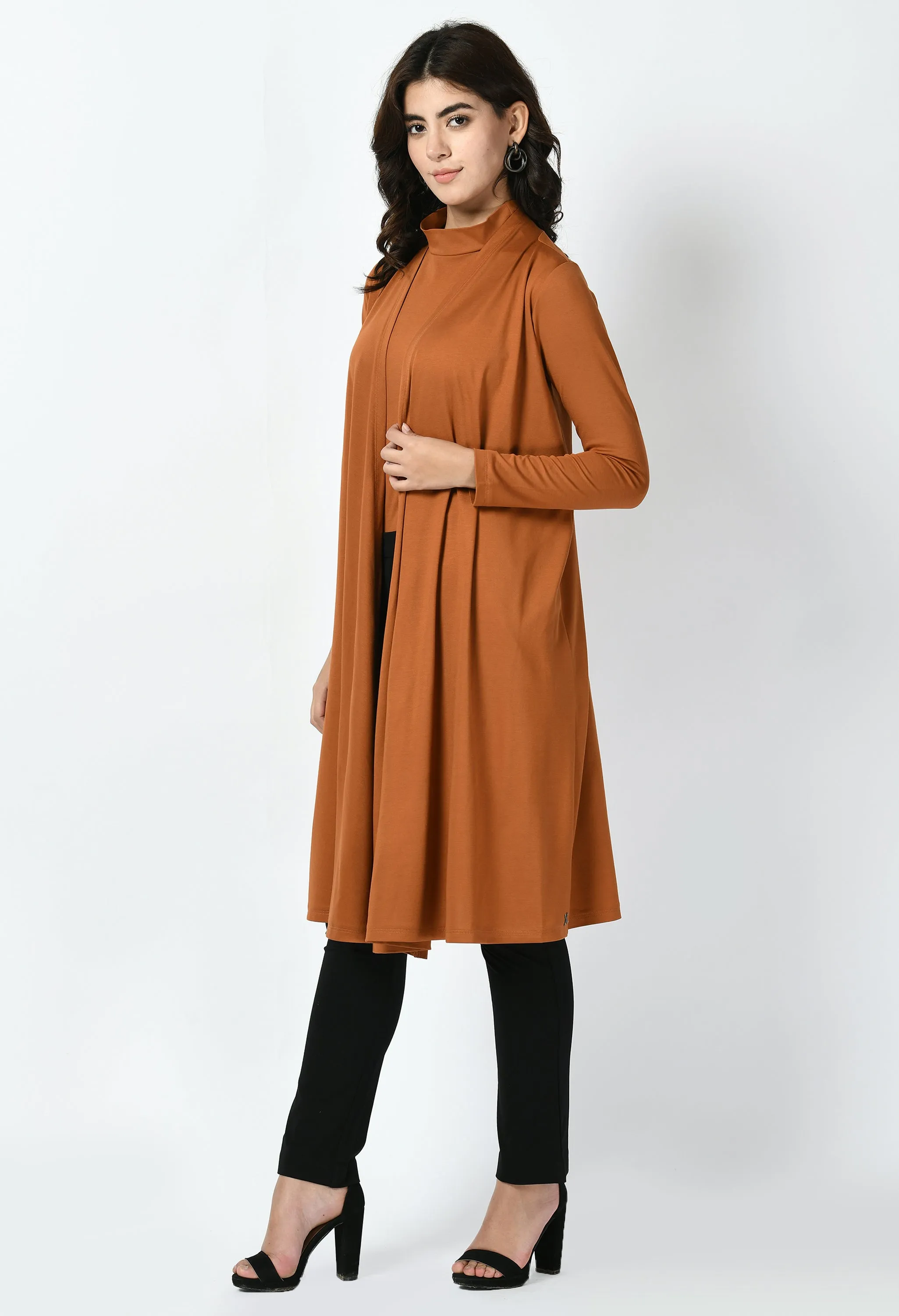 Exude Winsome High-neck T-shirt with Shrug (Tan Brown)