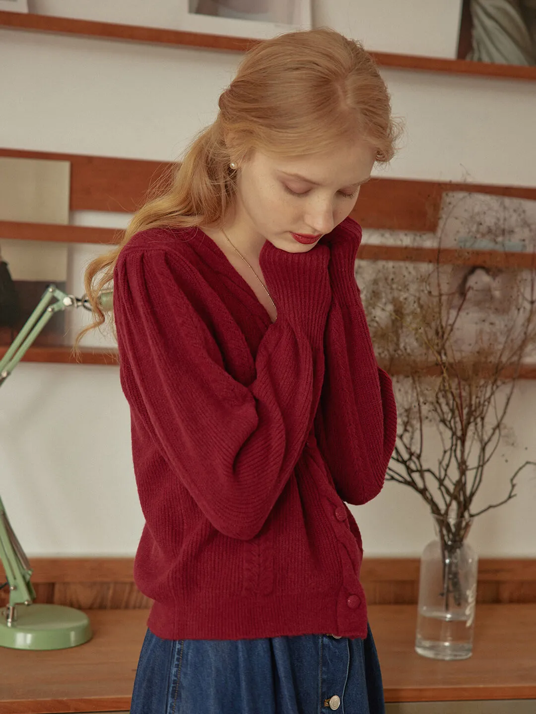 【Final Sale】Ava Vintage Style Cable Red Knit Cardigan