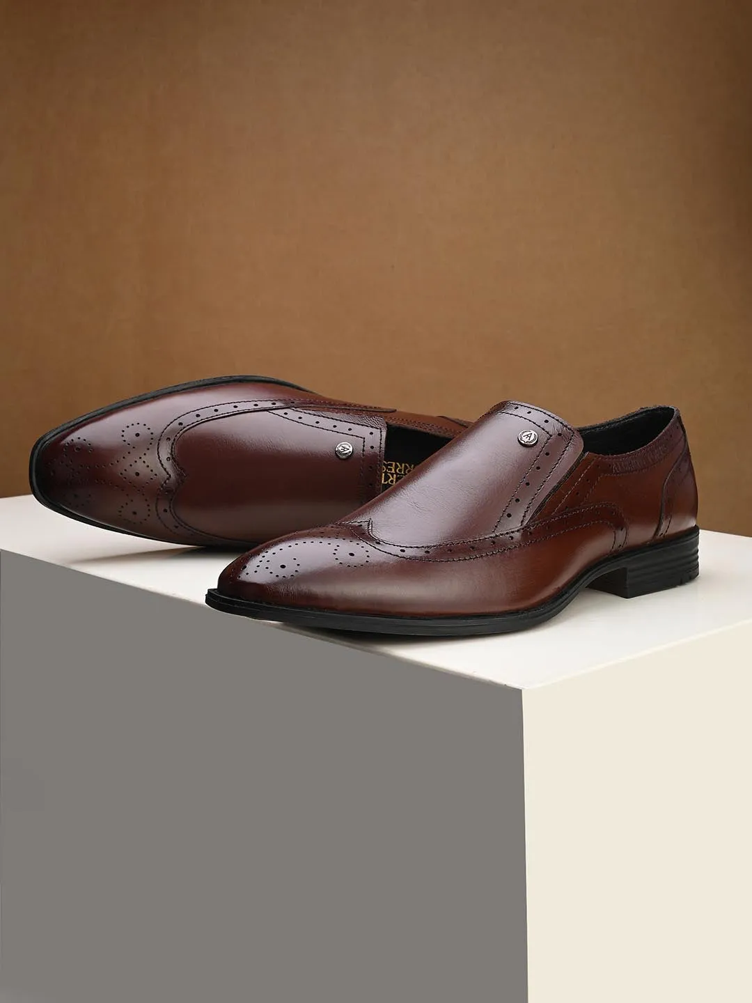 Genuine Leather Brogue Slip On Shoes