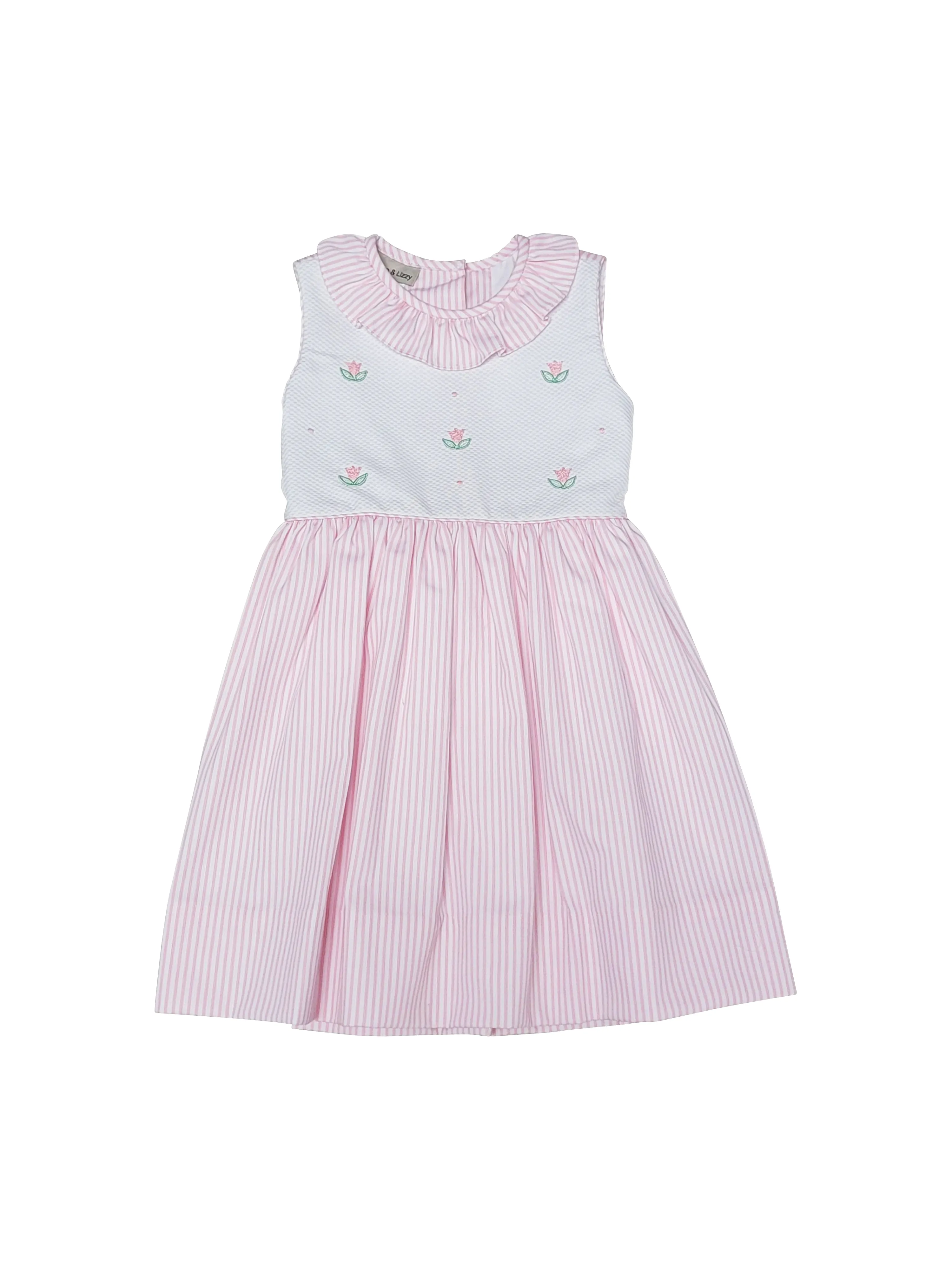 Girl's Pink "Serena" Embroidered Bodice Pique Dress