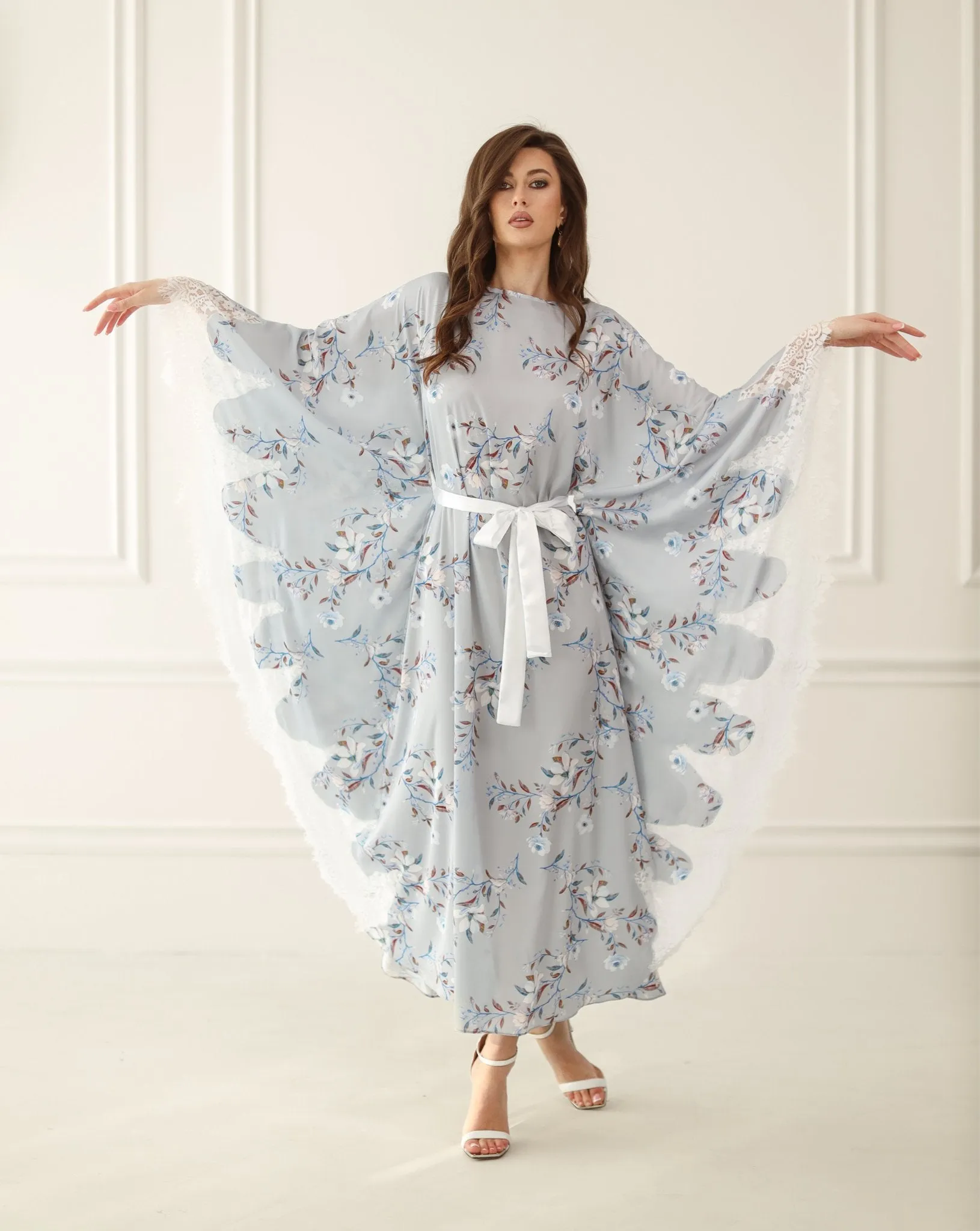 Gray Print Kaftan with Lace