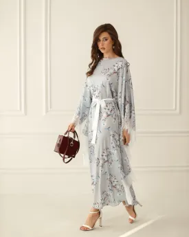 Gray Print Kaftan with Lace