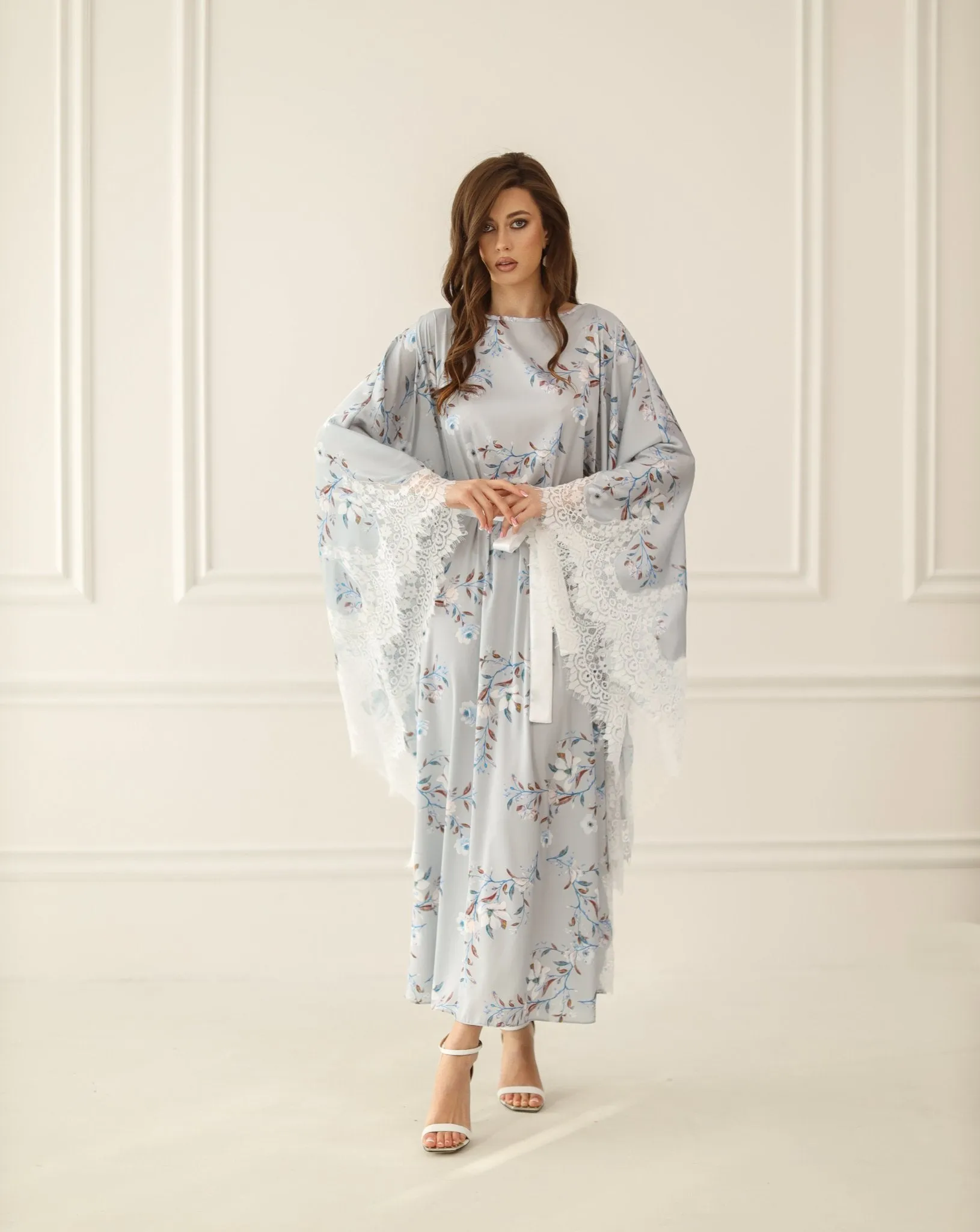 Gray Print Kaftan with Lace